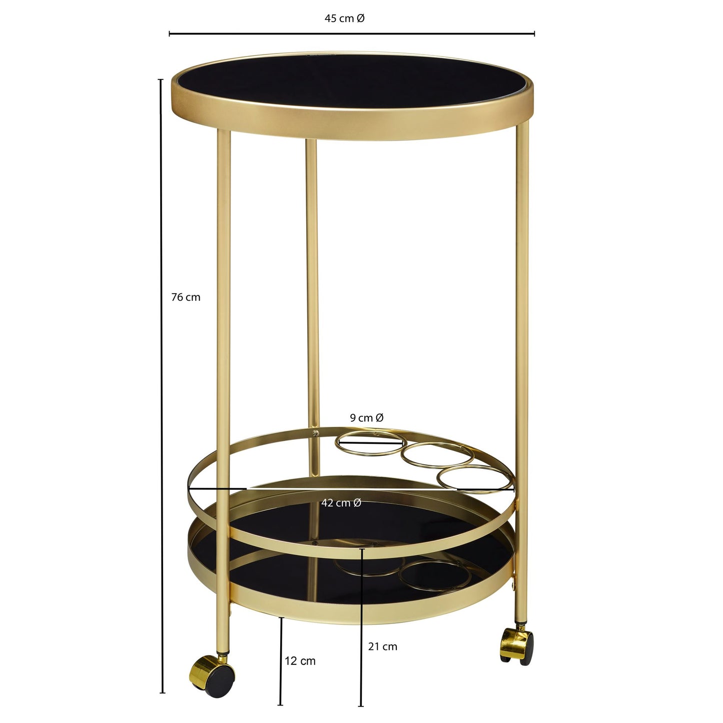 Design Servierwagen Gold Rund Ø 45cm 2 Ebenen Beistelltisch auf Rollen mit Glasplatte Schwarz Speisewagen Kuechenwagen Teewagen