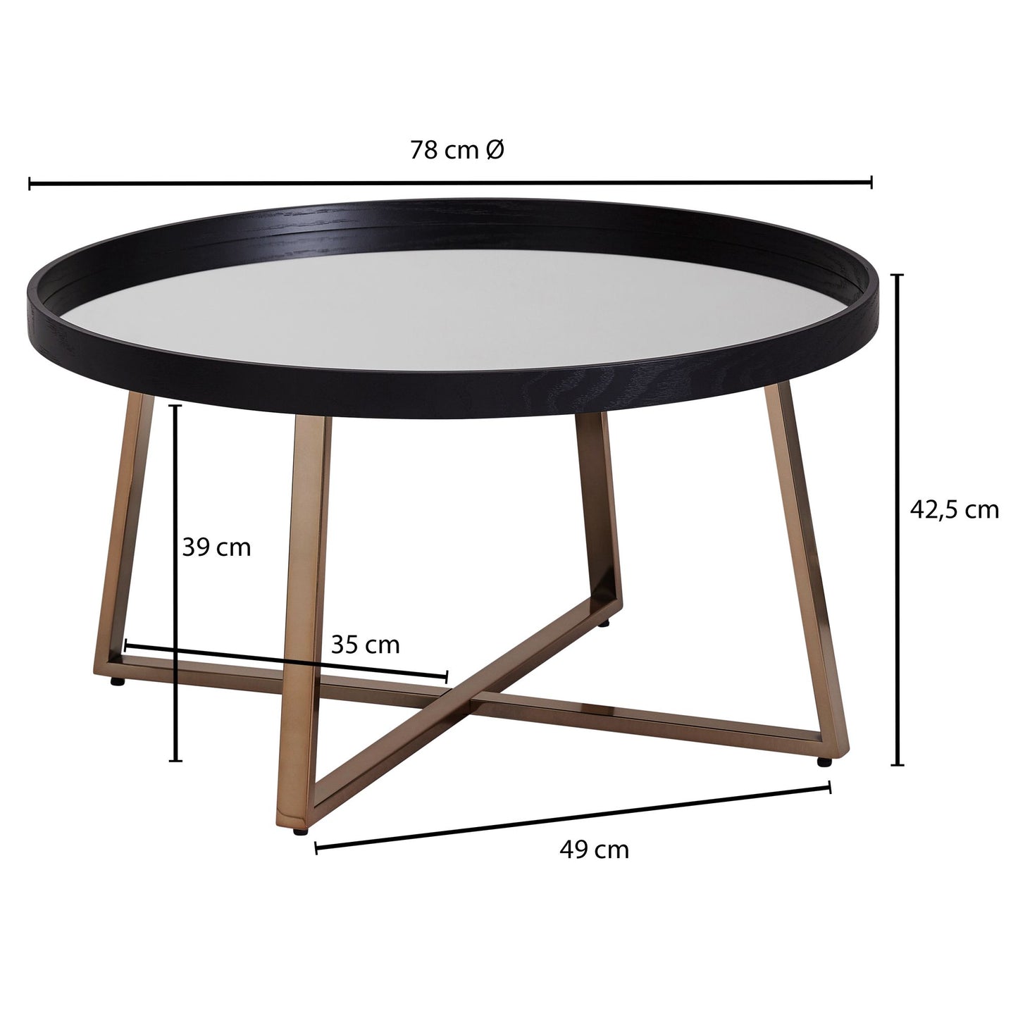 Design Couchtisch Rund Ø 78 cm Dunkel Gold mit Spiegel Glasplatte Wohnzimmertisch Schwarz Metall Gestell Grosser Beistelltisch