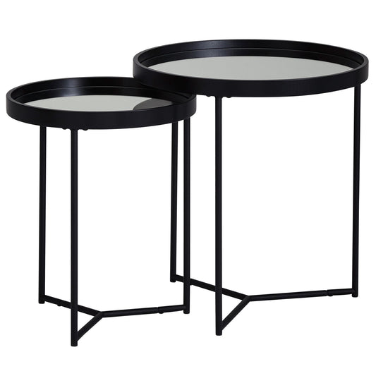 Design Beistelltisch Rund Ø 50 36 cm   2 teilig Schwarz mit Spiegel Glasplatte Wohnzimmertisch 2er Set Satztisch verspiegelt Couchtisch