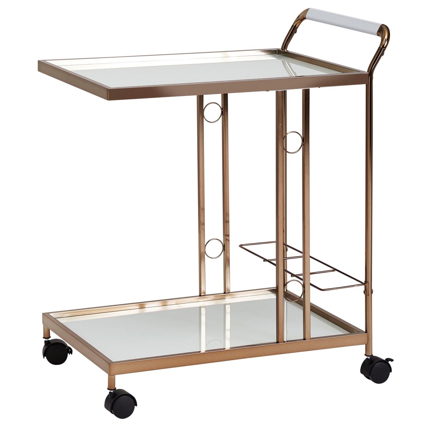 Design Servierwagen Gold 67 mal 80 mal 45 cm Mobiler Beistelltisch Speisewagen mit Glasplatte Kuechenwagen Milchglas Teewagen Mini Bar auf Rollen