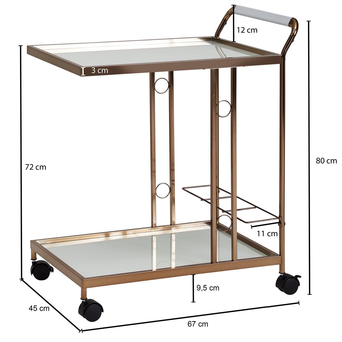 Design Servierwagen Gold 67 mal 80 mal 45 cm Mobiler Beistelltisch Speisewagen mit Glasplatte Kuechenwagen Milchglas Teewagen Mini Bar auf Rollen