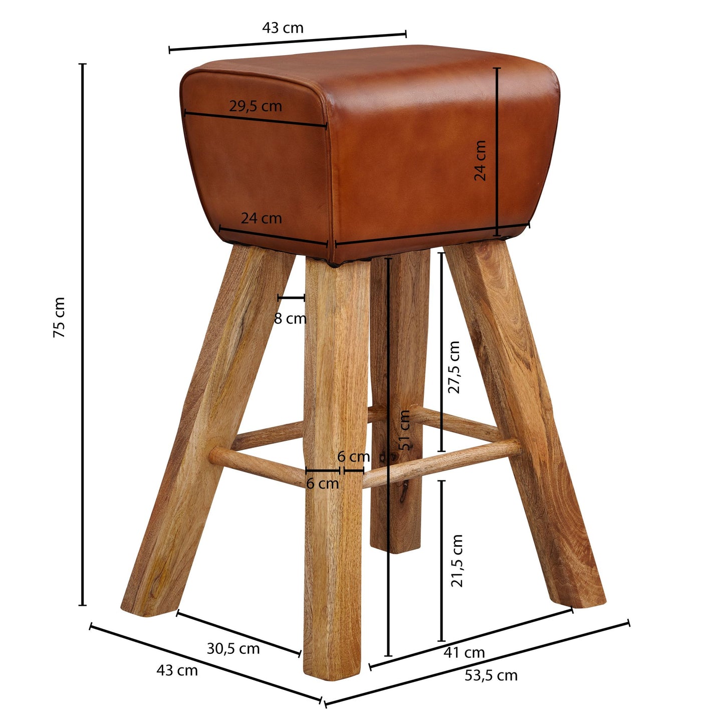 Barhocker Turnbock 43 mal 75 mal 43 cm Mango Massivholz Echtleder Design Barstuhl Braun Lederhocker ohne Lehne Country Hocker Tresenstuhl