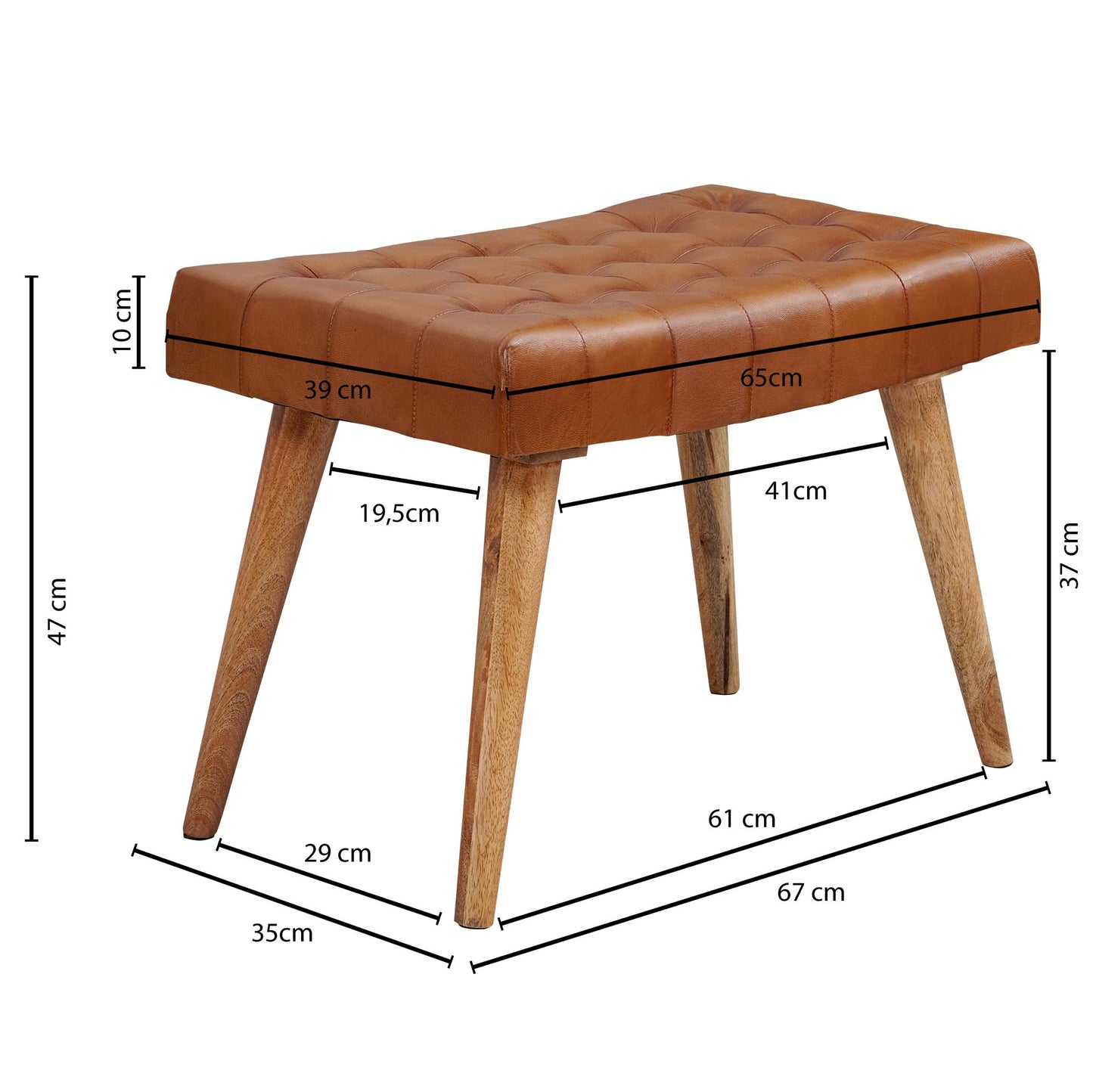 Sitzhocker 67 mal 47 mal 39 cm Mango Massivholz Echtleder Chesterfield Design Lederhocker Braun Beistellhocker Hocker ohne Lehne Country Fusshocker