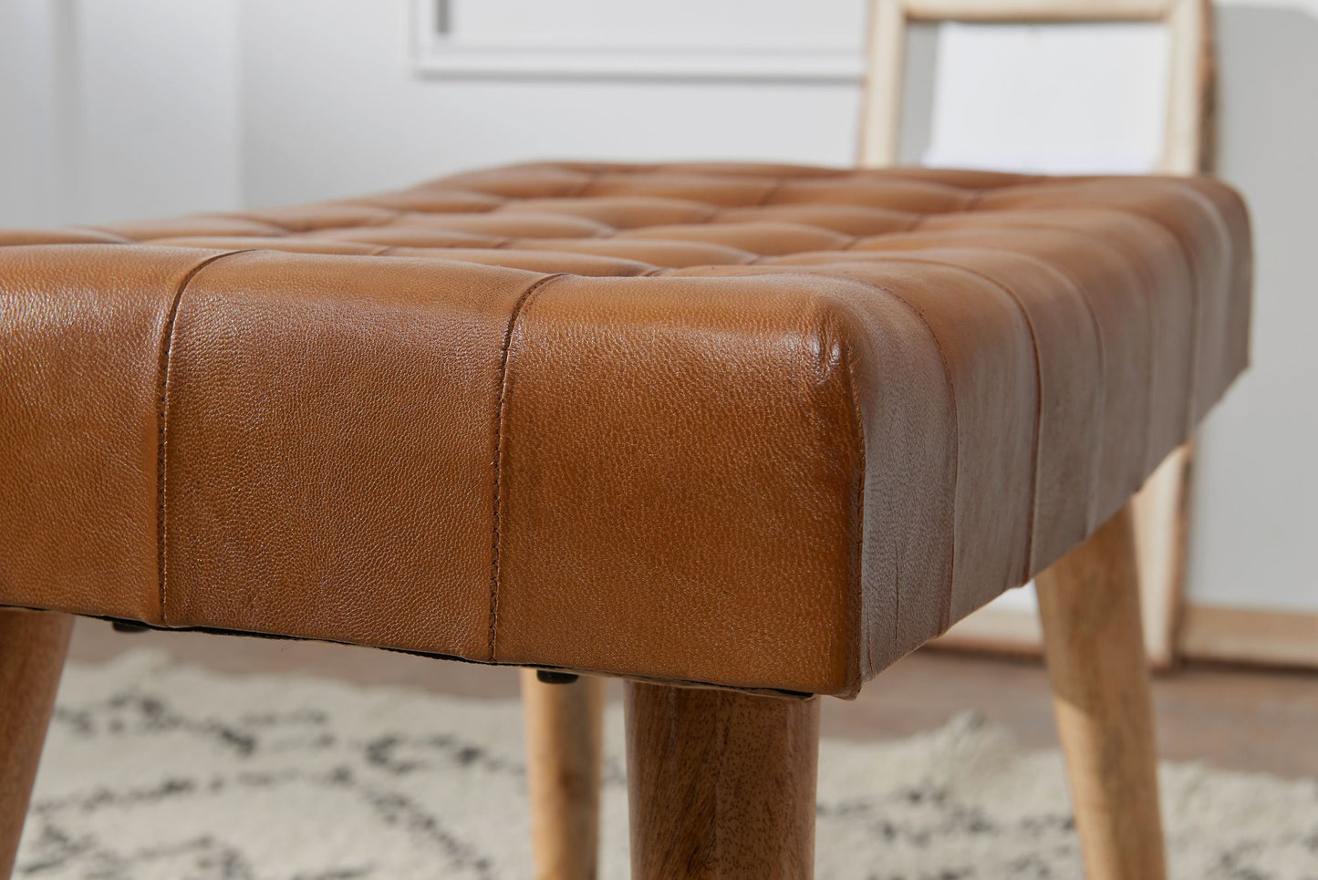 Sitzhocker 67 mal 47 mal 39 cm Mango Massivholz Echtleder Chesterfield Design Lederhocker Braun Beistellhocker Hocker ohne Lehne Country Fusshocker