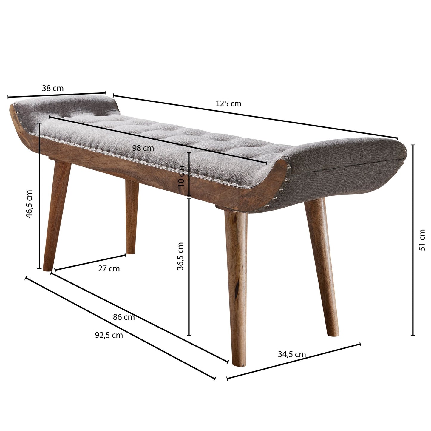 Sitzbank Stoff Massivholz Bank Grau 125 mal 51 mal 38 cm Chesterfield Design Polsterbank Flur Stoffbank Bettbank 2 Personen Flurbank Modern