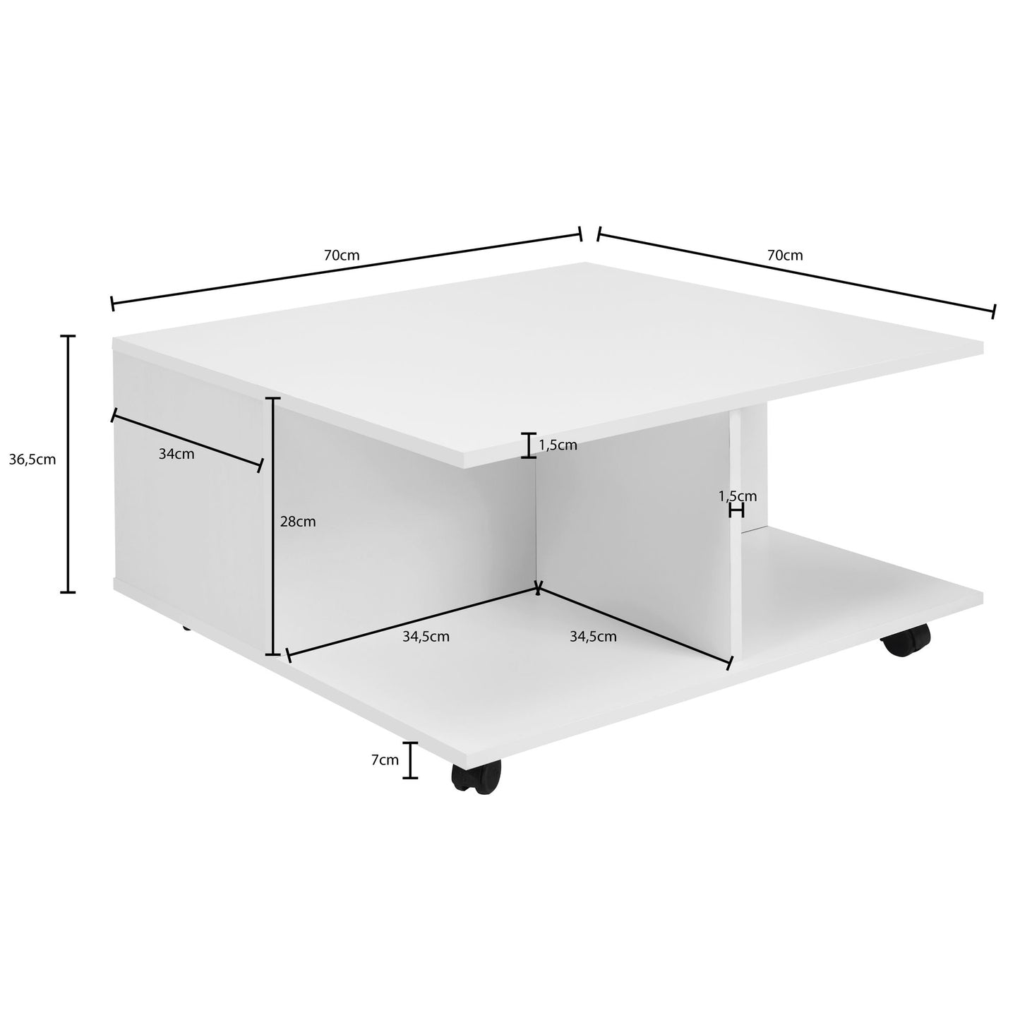 Design Couchtisch 70 mal 70 cm Weiss Wohnzimmertisch mit 2 Schubladen Sofatisch mit Rollen Tisch mit 2 Faechern