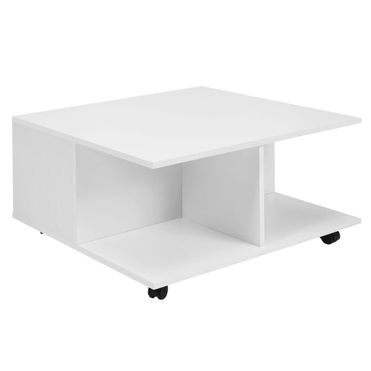 Design Couchtisch 70 mal 70 cm Weiss Wohnzimmertisch mit 2 Schubladen Sofatisch mit Rollen Tisch mit 2 Faechern