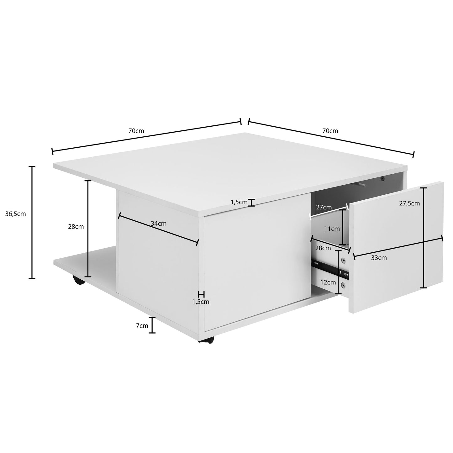 Design Couchtisch 70 mal 70 cm Weiss Wohnzimmertisch mit 2 Schubladen Sofatisch mit Rollen Tisch mit 2 Faechern