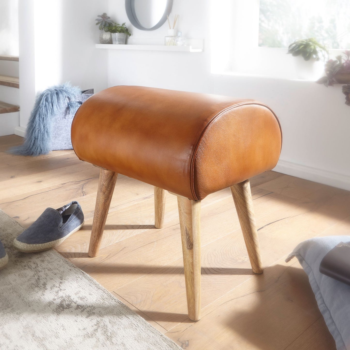 Sitzhocker Echtleder Massivholz 45 mal 53 mal 40 cm Moderner Lederhocker Kleiner Holzhocker Gepolstert Turnbock Hocker mit Leder Bezug