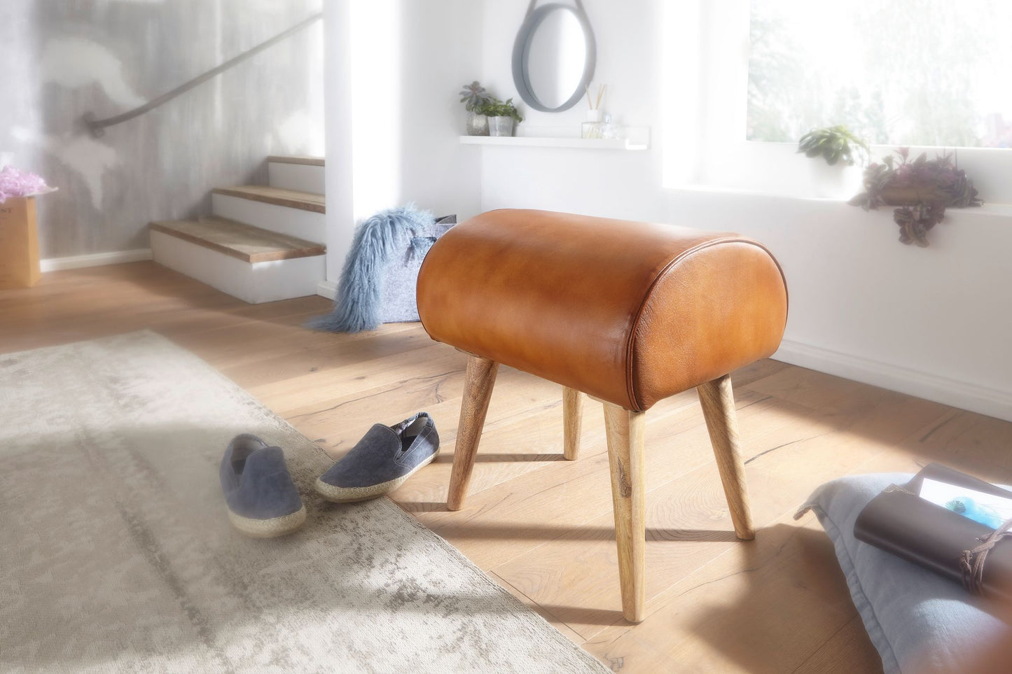 Sitzhocker Echtleder Massivholz 45 mal 53 mal 40 cm Moderner Lederhocker Kleiner Holzhocker Gepolstert Turnbock Hocker mit Leder Bezug