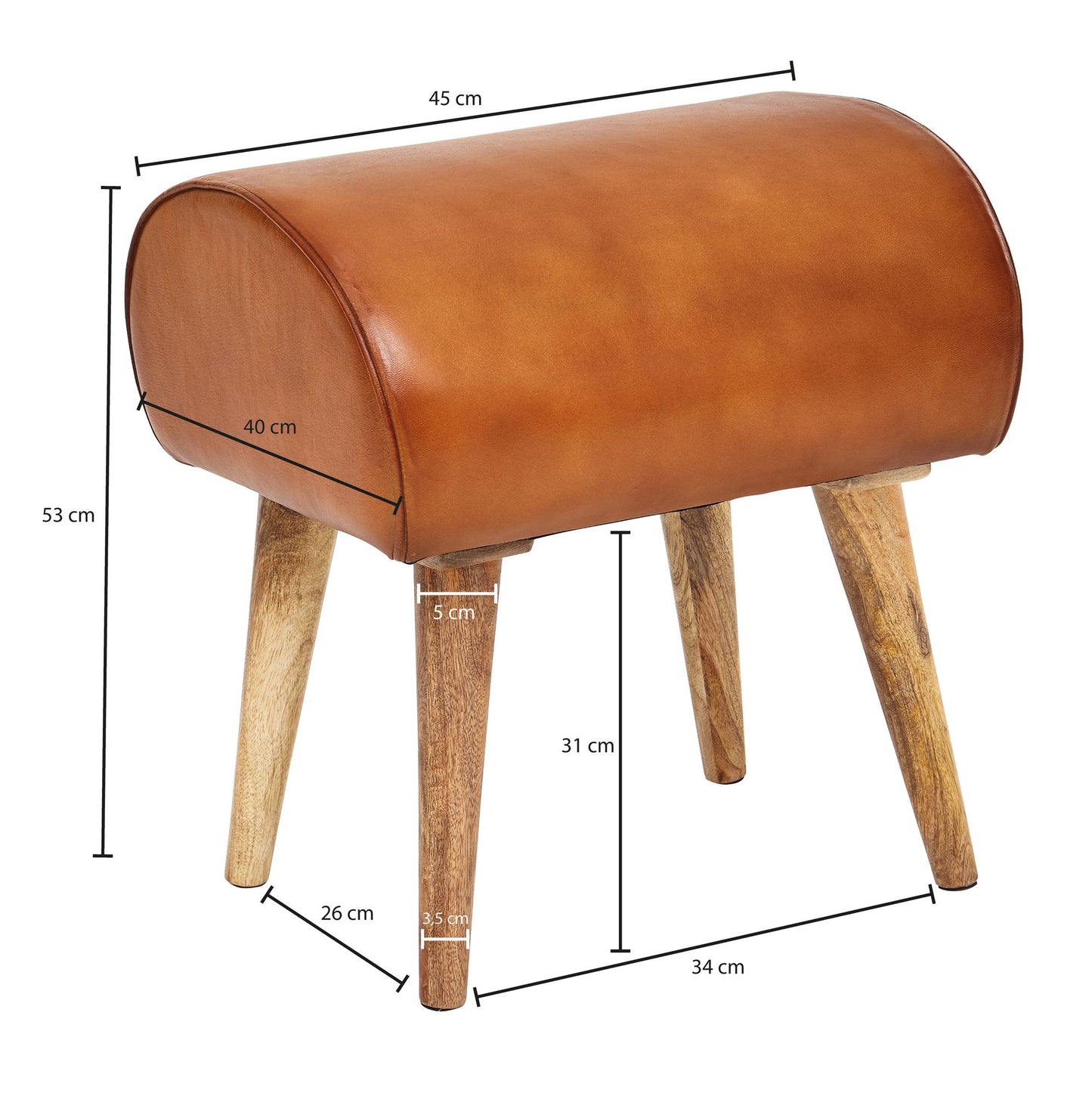 Sitzhocker Echtleder Massivholz 45 mal 53 mal 40 cm Moderner Lederhocker Kleiner Holzhocker Gepolstert Turnbock Hocker mit Leder Bezug