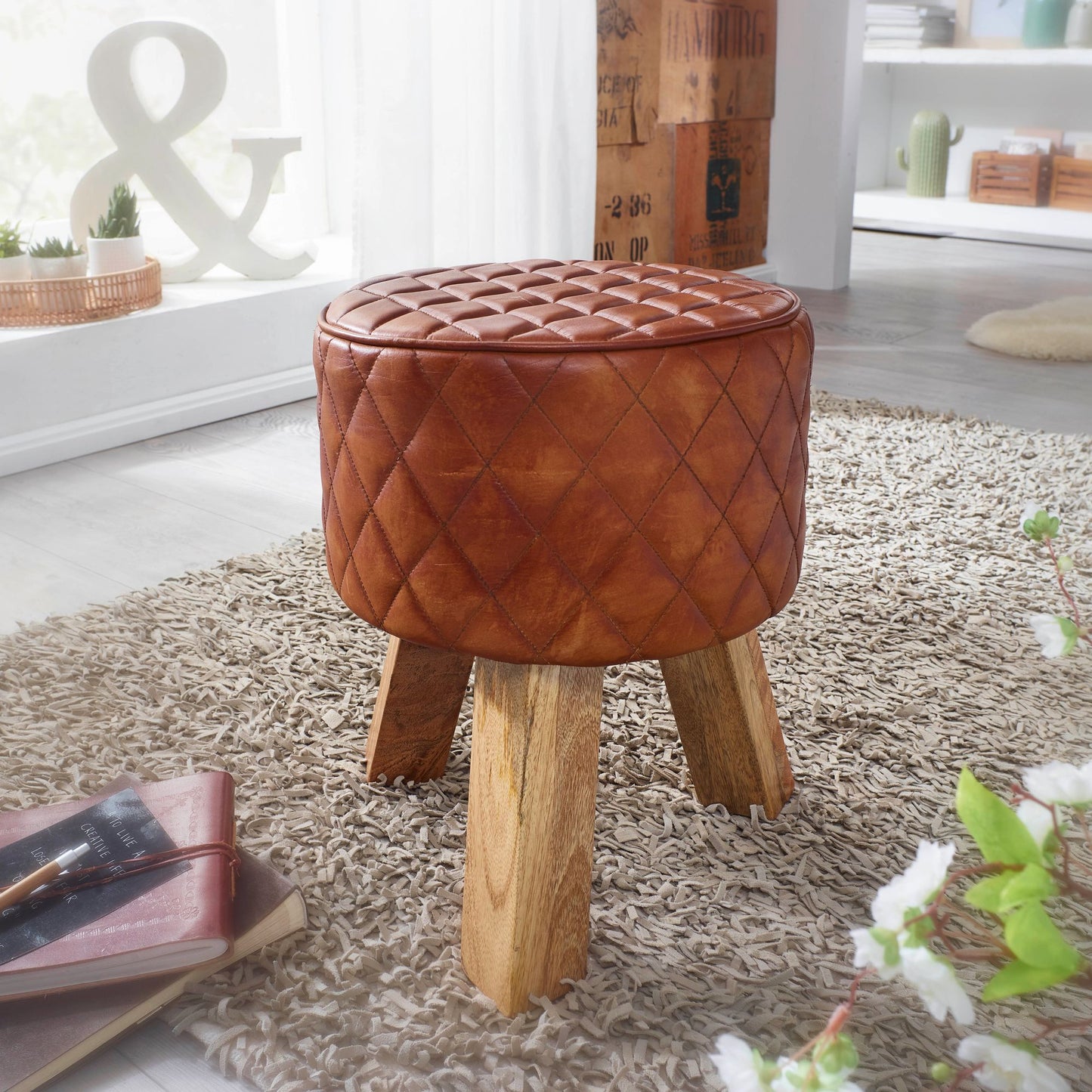 Sitzhocker Echtleder Massivholz 35 mal 46 mal 35 cm Modern Fusshocker Rund Turnbock Lederhocker Braun Kleiner Hocker Gepolstert Holzhocker mit Leder Bezug