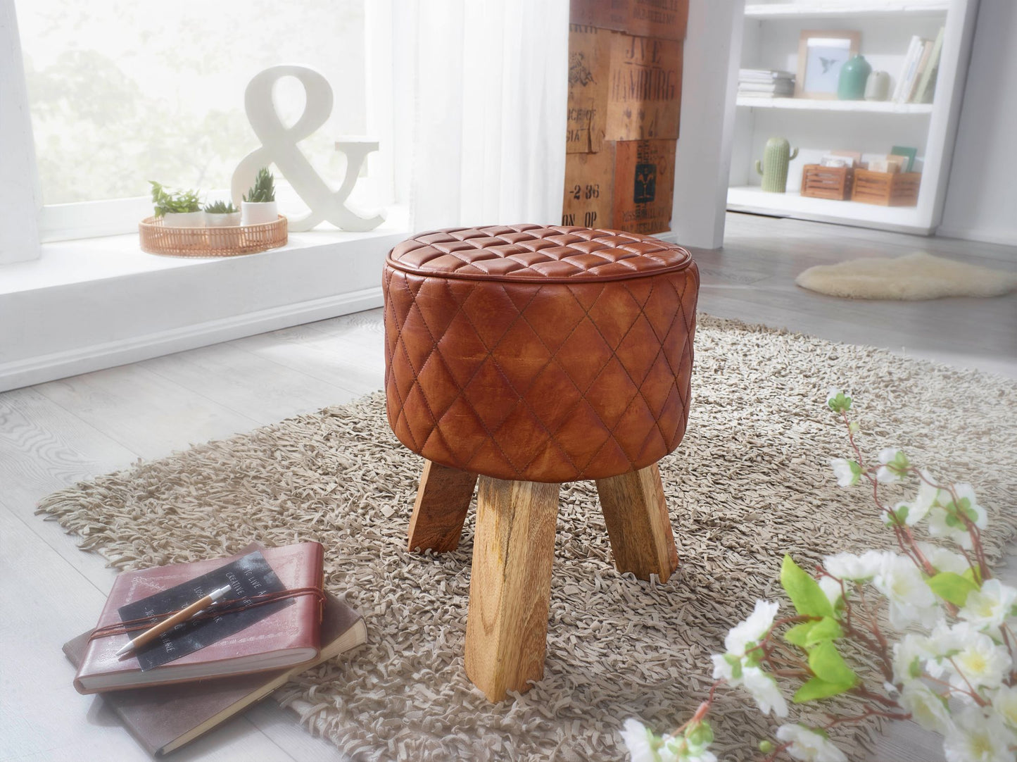 Sitzhocker Echtleder Massivholz 35 mal 46 mal 35 cm Modern Fusshocker Rund Turnbock Lederhocker Braun Kleiner Hocker Gepolstert Holzhocker mit Leder Bezug