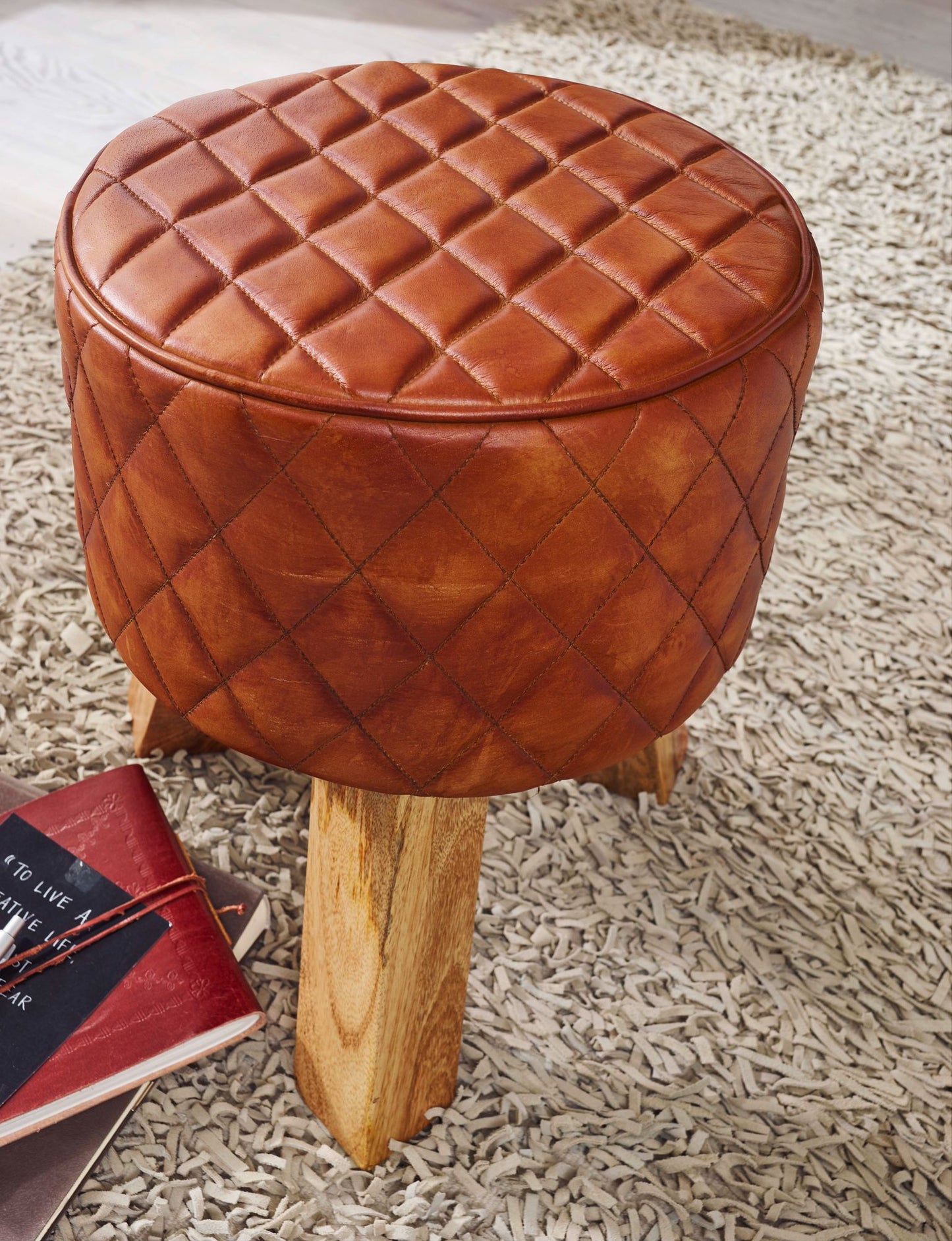 Sitzhocker Echtleder Massivholz 35 mal 46 mal 35 cm Modern Fusshocker Rund Turnbock Lederhocker Braun Kleiner Hocker Gepolstert Holzhocker mit Leder Bezug
