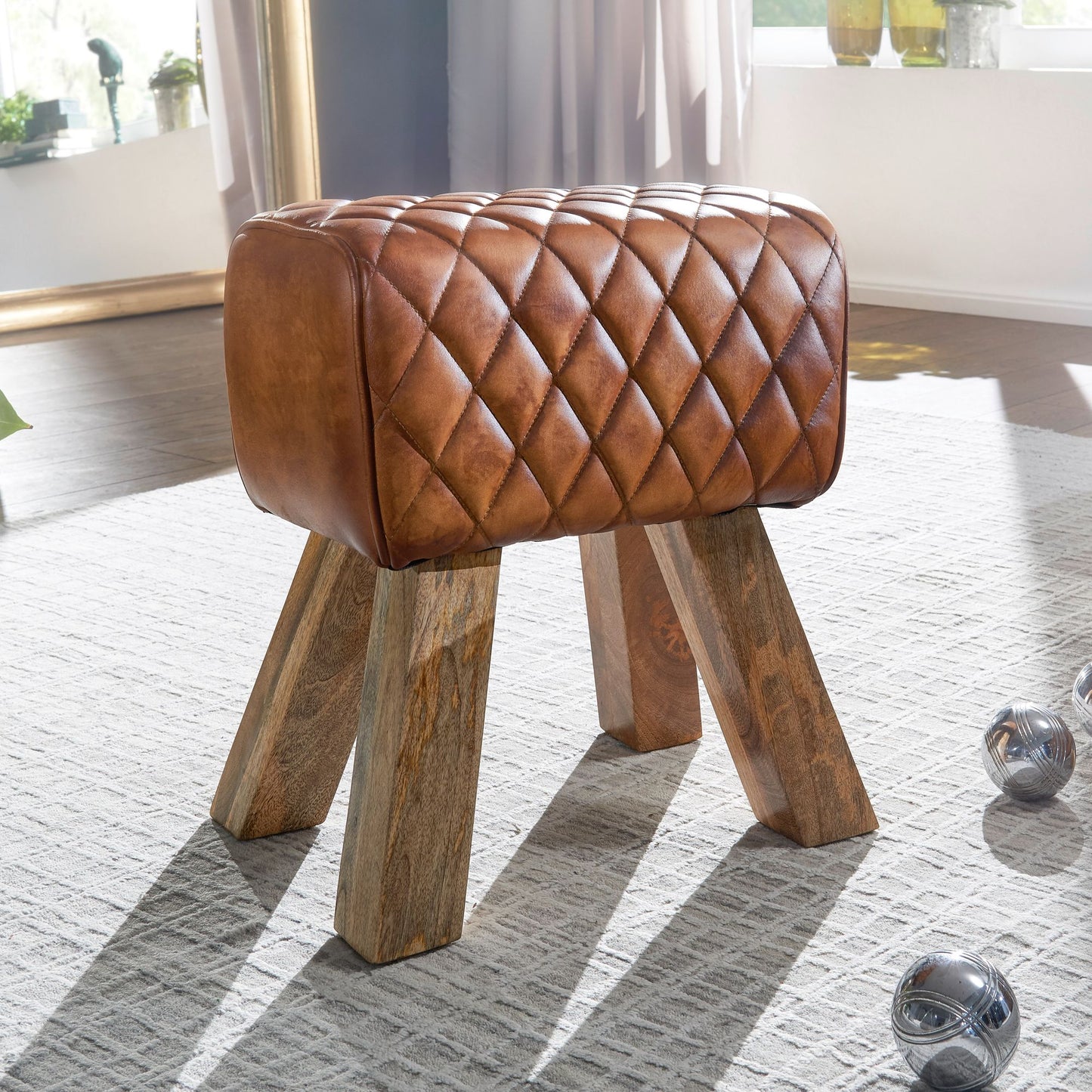 Sitzhocker Echtleder Massivholz 40 mal 48 mal 27 cm Modern Fusshocker Turnbock Lederhocker Braun Kleiner Hocker Gepolstert Holzhocker mit Leder Bezug