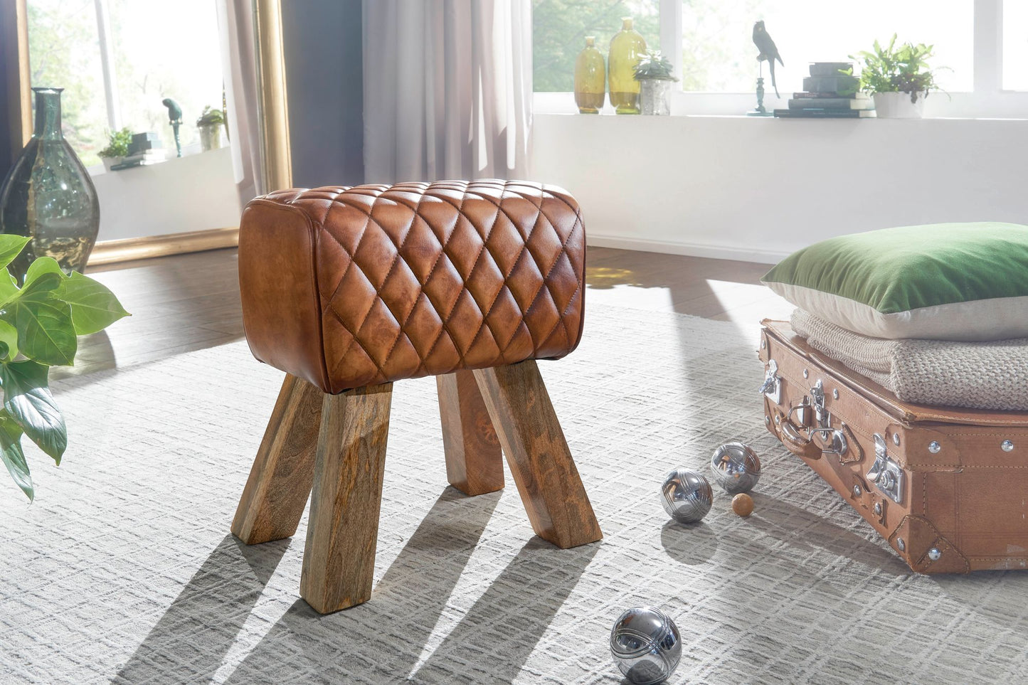 Sitzhocker Echtleder Massivholz 40 mal 48 mal 27 cm Modern Fusshocker Turnbock Lederhocker Braun Kleiner Hocker Gepolstert Holzhocker mit Leder Bezug