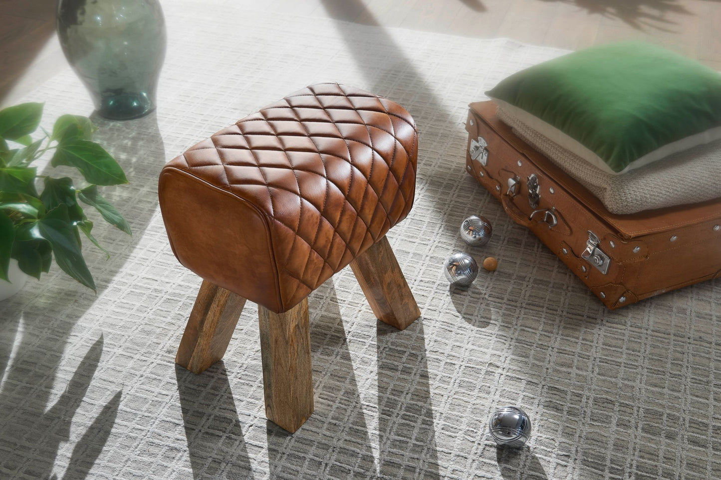Sitzhocker Echtleder Massivholz 40 mal 48 mal 27 cm Modern Fusshocker Turnbock Lederhocker Braun Kleiner Hocker Gepolstert Holzhocker mit Leder Bezug