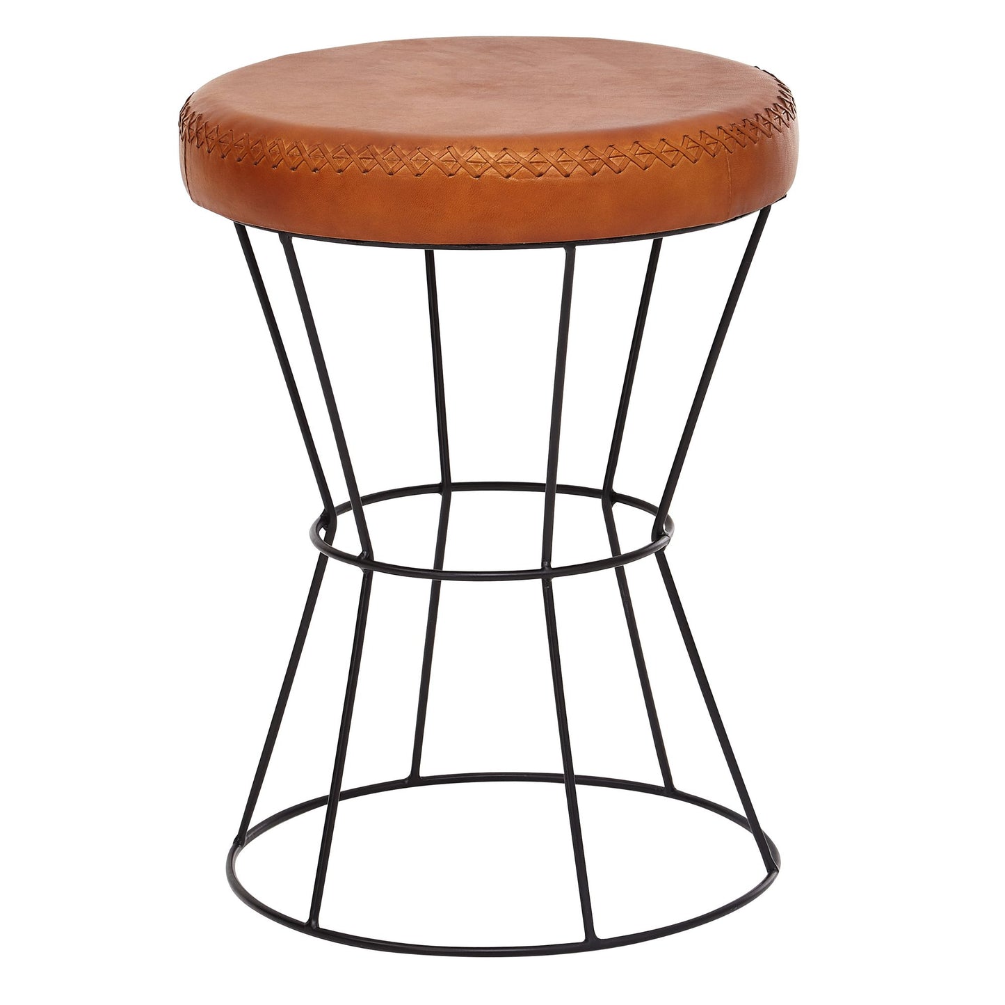 Sitzhocker Echtleder Metall 35 mal 48 mal 35 cm Design Hocker Rund Dekohocker mit Leder Bezug Moderner Lederhocker Braun Gepolstert