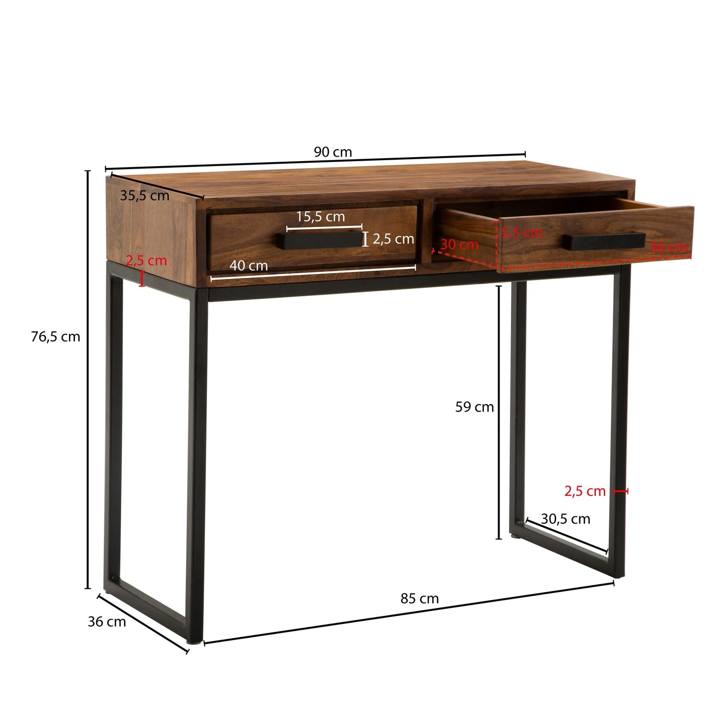 Konsolentisch Sheesham Massivholz Metall 90 mal 76 mal 36 cm Flurtisch Anrichte Wohnzimmertisch Schmal Design Schreibtisch Modern