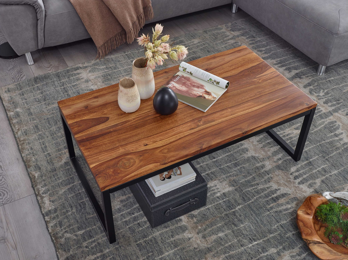 Couchtisch 110 mal 40 mal 60 cm Sheesham Massivholz Metall Wohnzimmertisch Industrial Style Designer Sofatisch Tisch Wohnzimmer Loungetisch Massiv