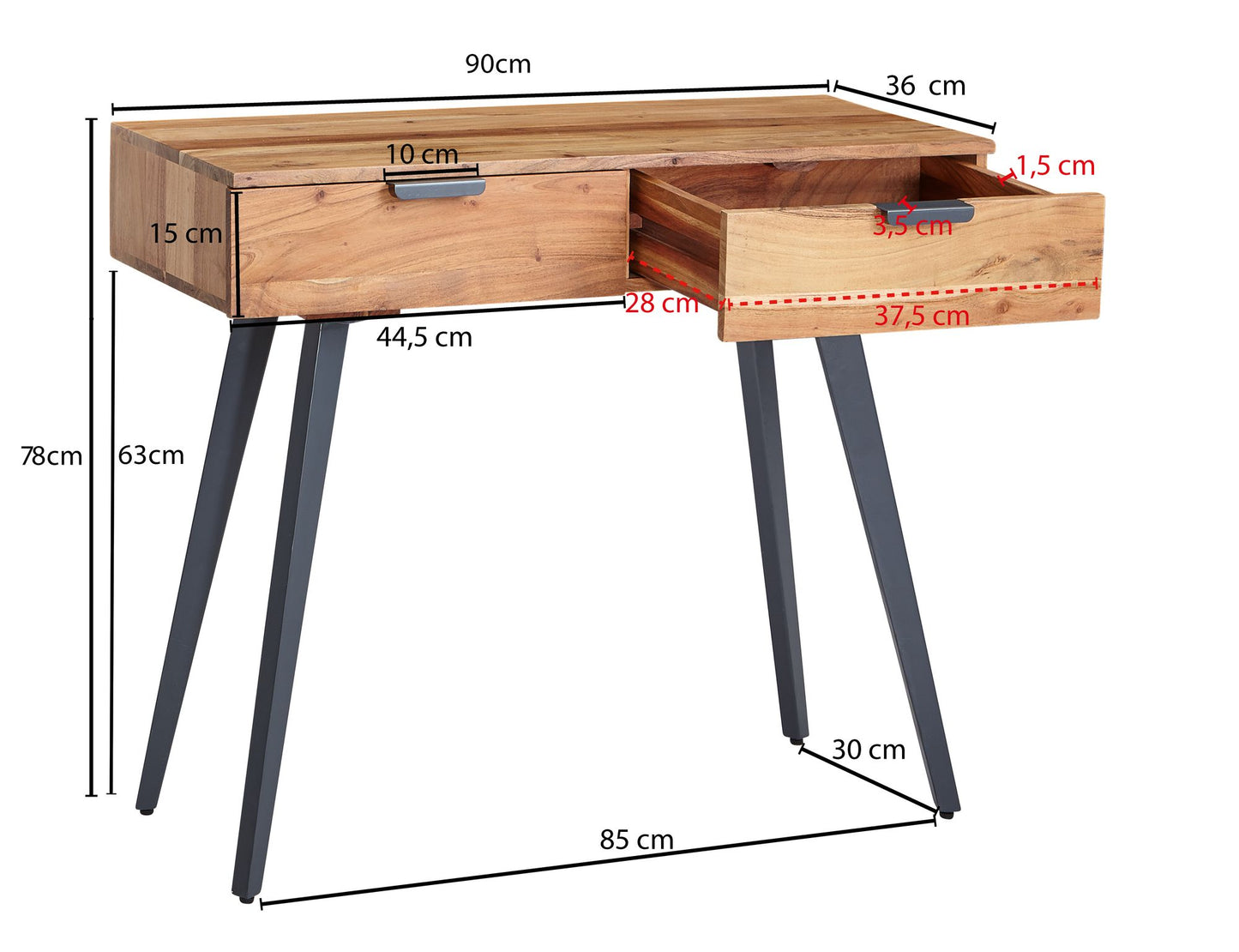 Konsolentisch 90 mal 78 mal 36 cm Akazie Massivholz Metall Konsole mit Schubladen Kleiner Schreibtisch mit Metallbeinen Schminktisch Anrichte Modern Flurtisch Massiv