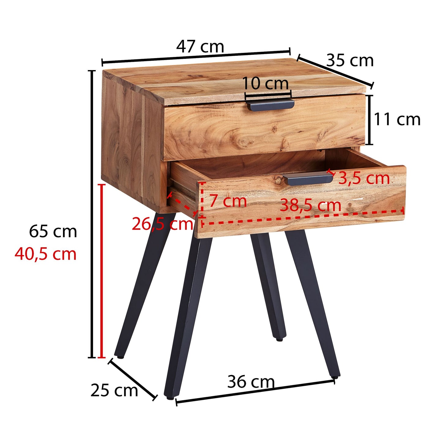 Nachtkonsole 47 mal 65 mal 35 cm Akazie Massivholz Nachttisch Bo mal springbett Nachtkaestchen 2 Schubladen Nachtschrank Modern mit Metallbeinen Nachtkommode Massiv