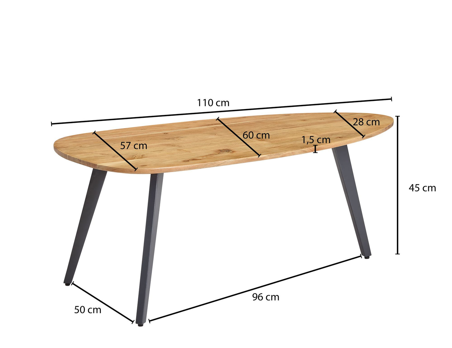 Couchtisch Akazie Massivholz 110 mal 45 mal 60 cm Wohnzimmertisch Nierenform Sofatisch Modern Holztisch Tisch Wohnzimmer Holz Metall