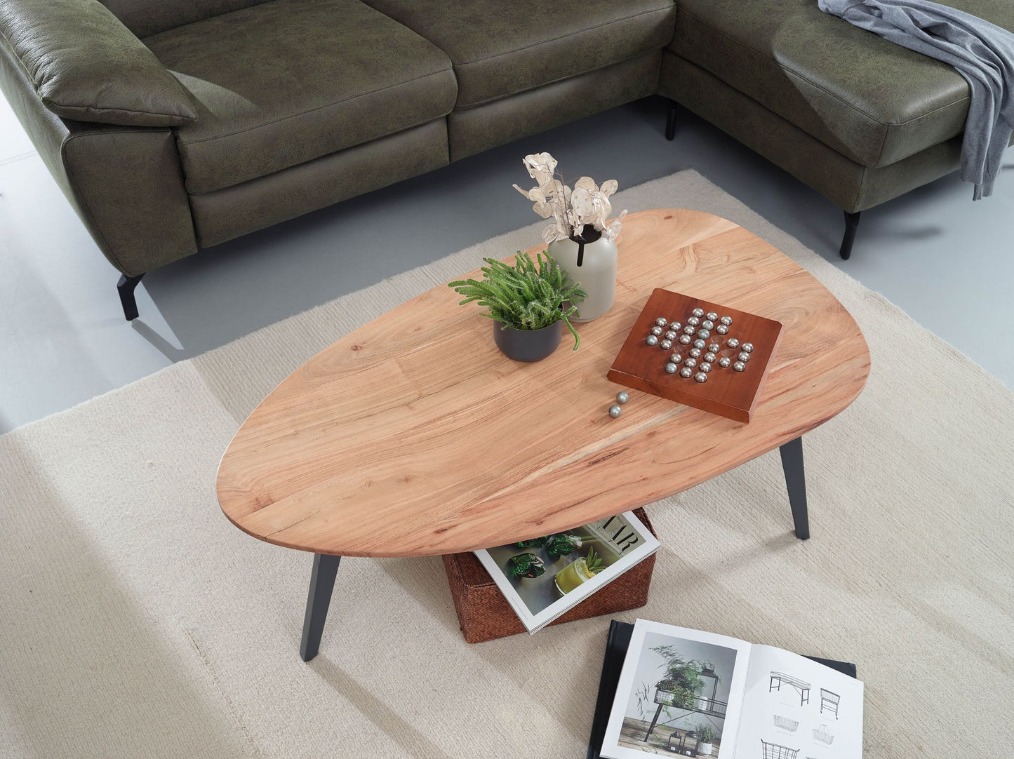 Couchtisch Akazie Massivholz 110 mal 45 mal 60 cm Wohnzimmertisch Nierenform Sofatisch Modern Holztisch Tisch Wohnzimmer Holz Metall