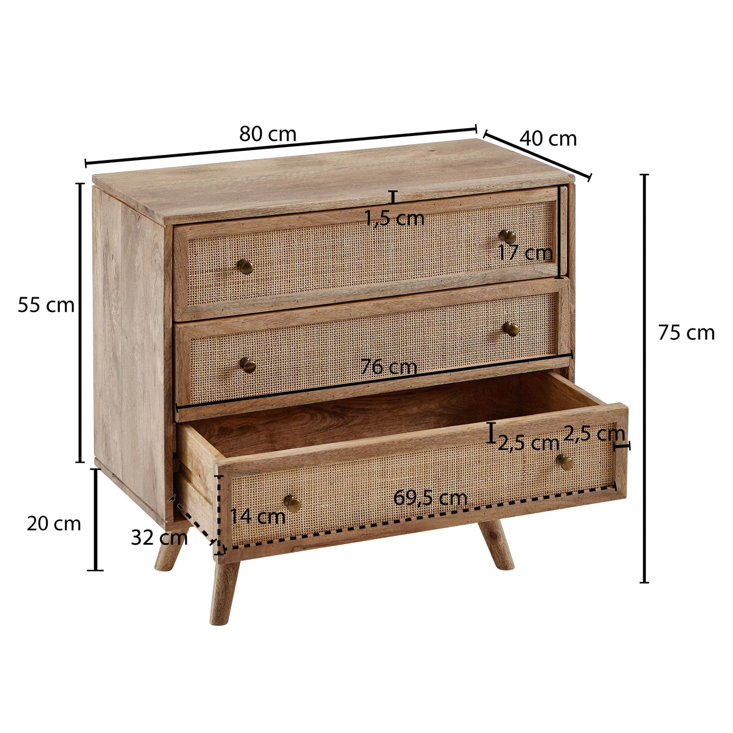 Sideboard 80 mal 75 mal 40 cm Mango Massivholz Rattan Vintage Anrichte Kommode 3 Schubladen Hoher Kommodenschrank Holz Massiv Standschrank Wohnzimmer Rohrgeflecht