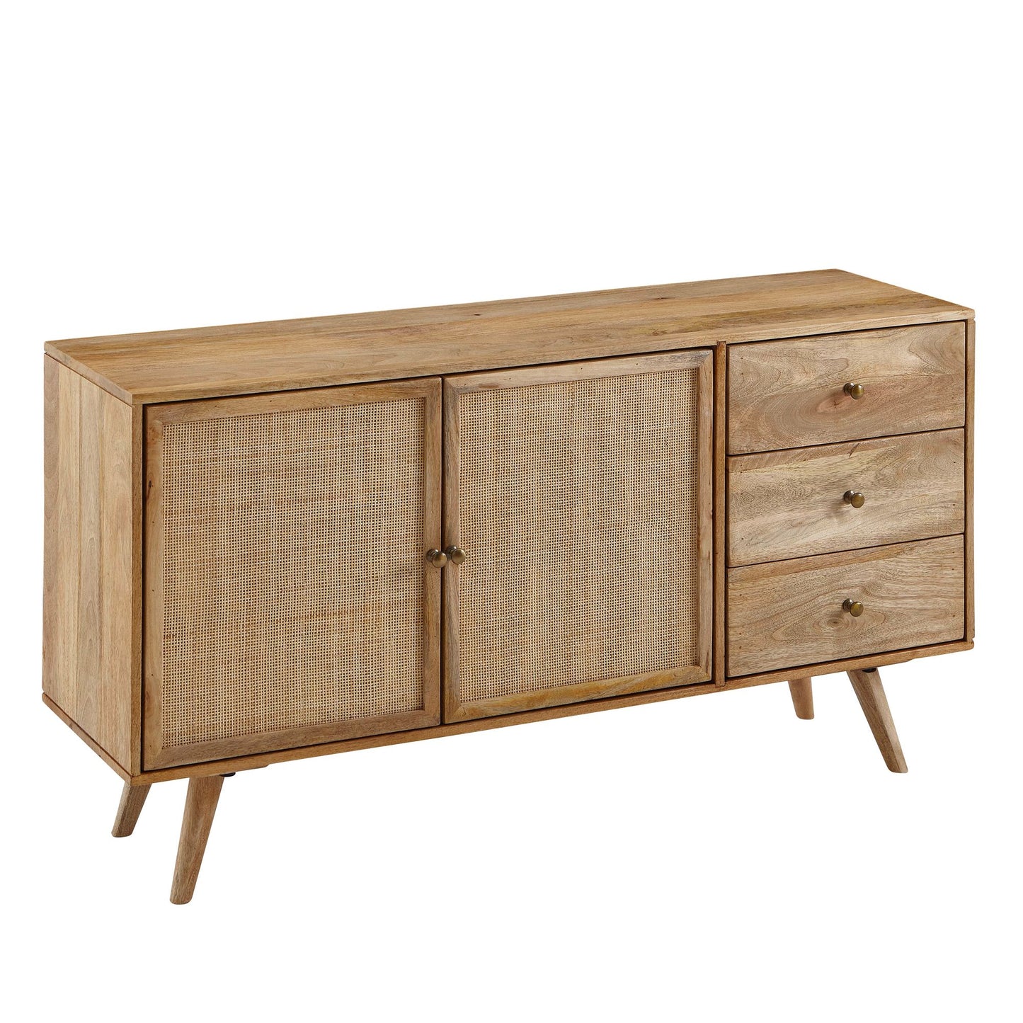 Design Sideboard 140 mal 75 mal 40 cm Mango Massivholz Rattan Kommode 3 Schubladen Hoher Kommodenschrank Holz Massiv Standschrank Wohnzimmer 2 Tuerfaecher Rohrgeflecht