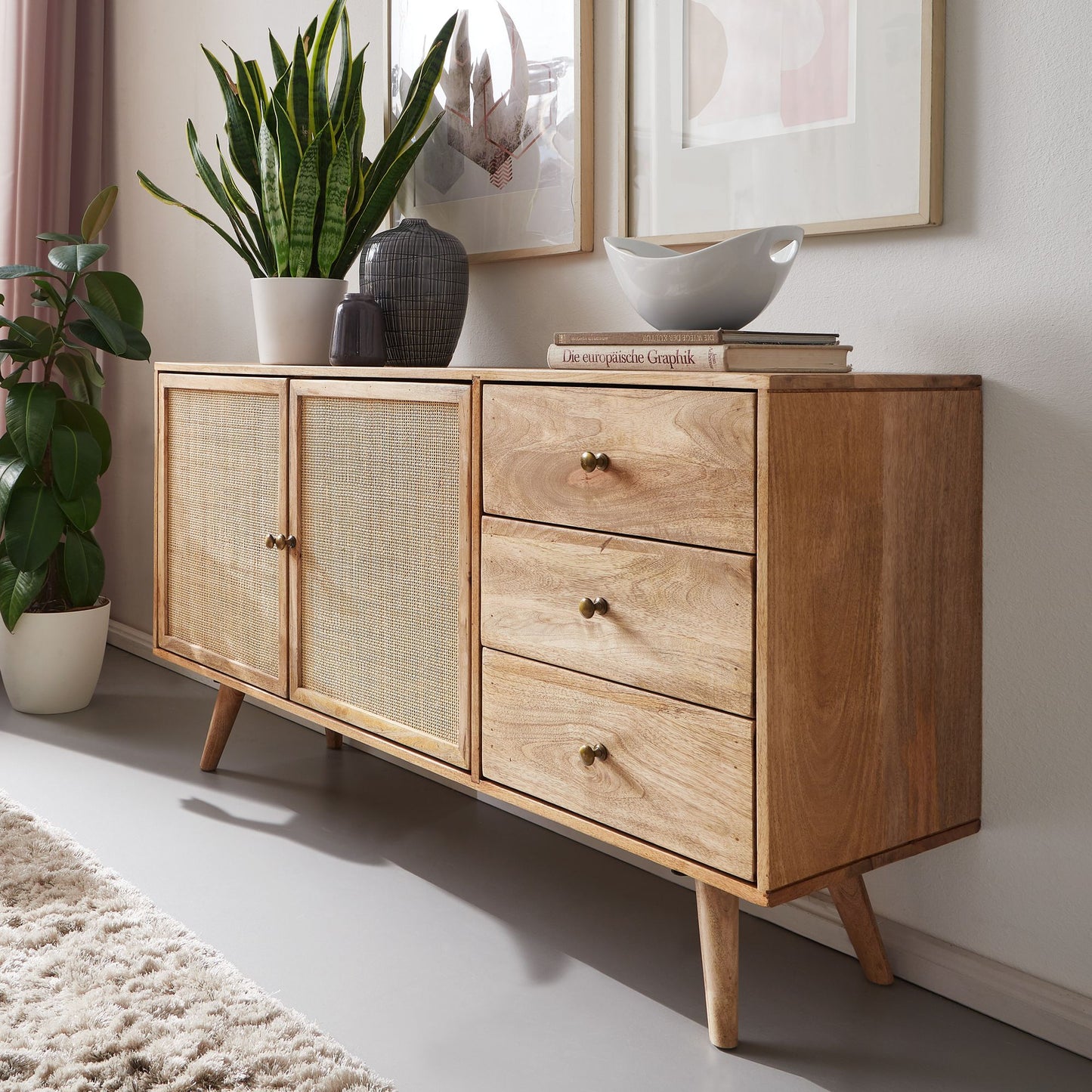 Design Sideboard 140 mal 75 mal 40 cm Mango Massivholz Rattan Kommode 3 Schubladen Hoher Kommodenschrank Holz Massiv Standschrank Wohnzimmer 2 Tuerfaecher Rohrgeflecht