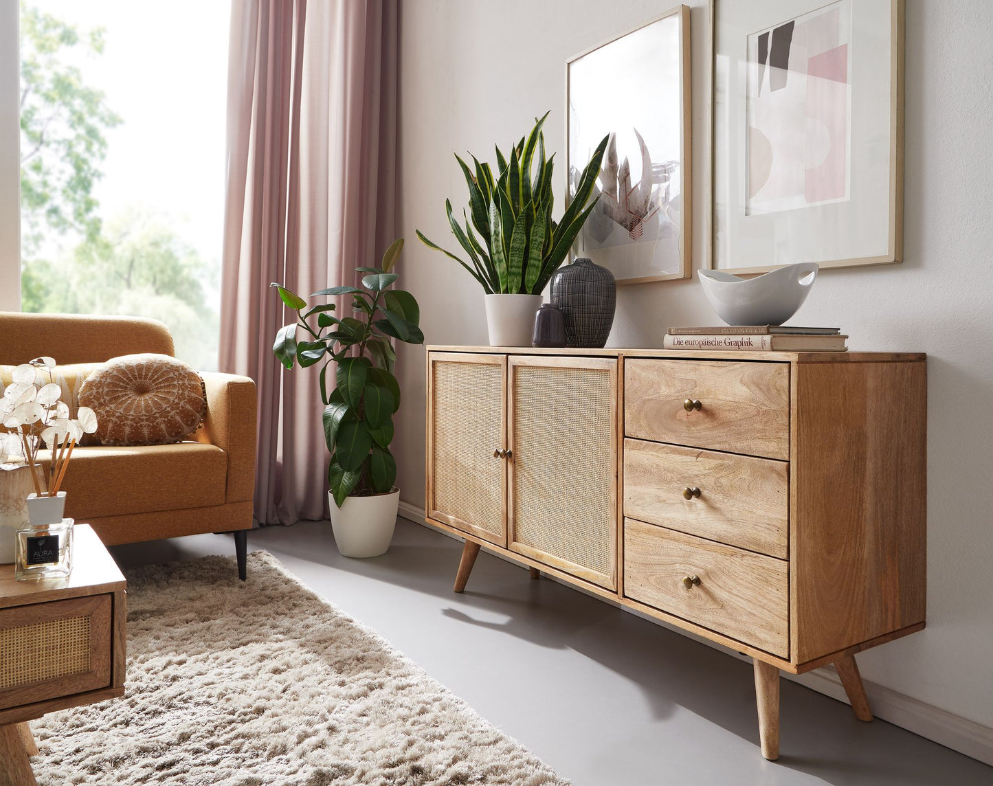 Design Sideboard 140 mal 75 mal 40 cm Mango Massivholz Rattan Kommode 3 Schubladen Hoher Kommodenschrank Holz Massiv Standschrank Wohnzimmer 2 Tuerfaecher Rohrgeflecht