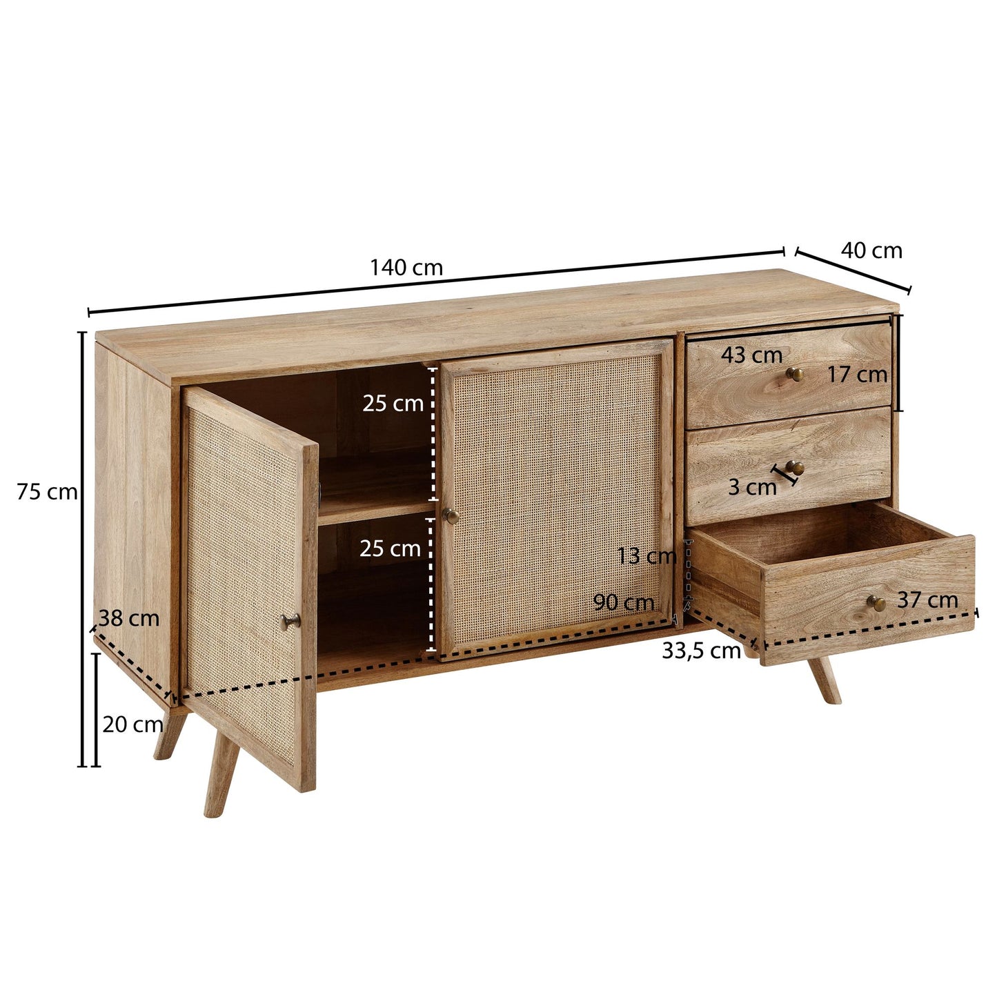 Design Sideboard 140 mal 75 mal 40 cm Mango Massivholz Rattan Kommode 3 Schubladen Hoher Kommodenschrank Holz Massiv Standschrank Wohnzimmer 2 Tuerfaecher Rohrgeflecht