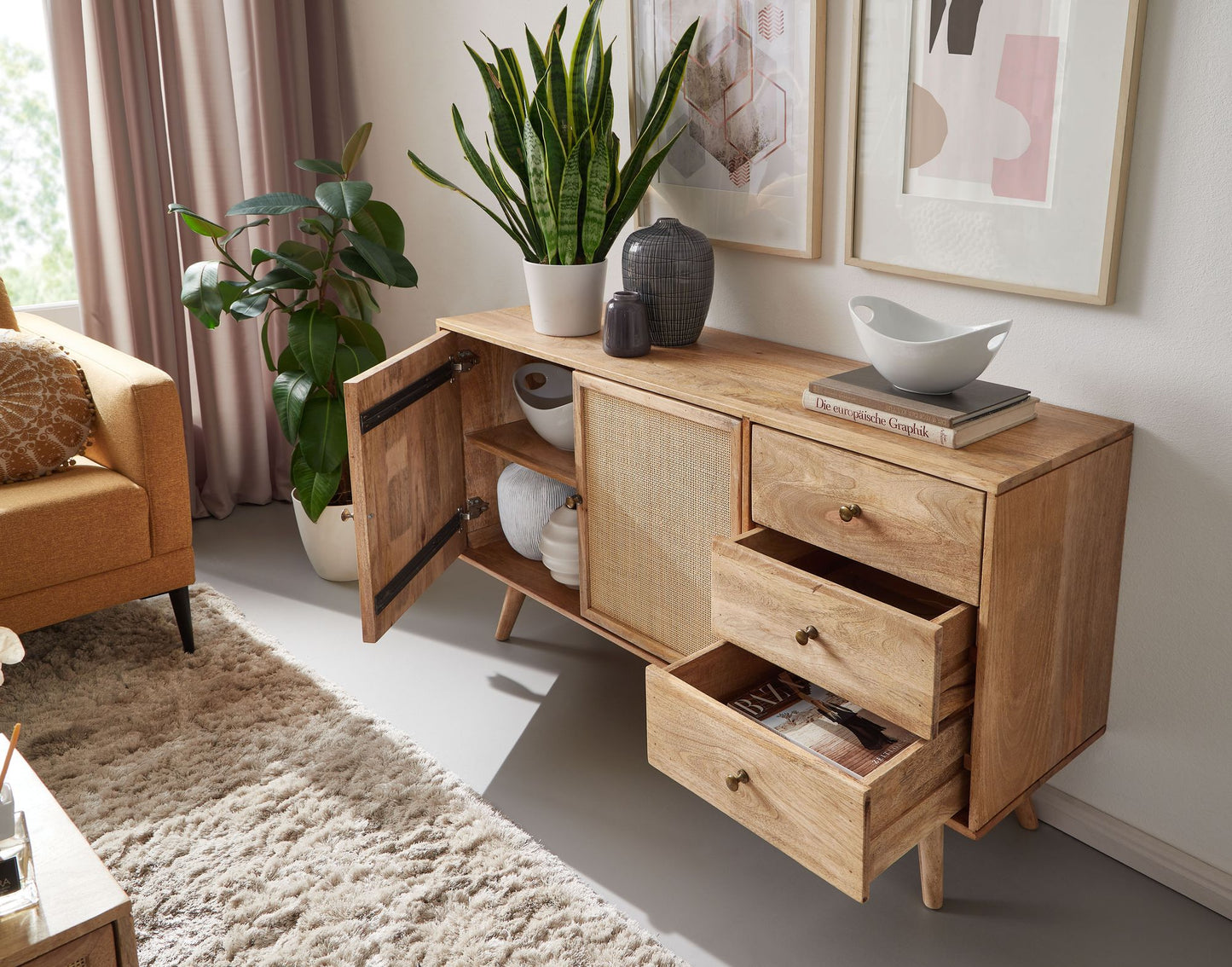 Design Sideboard 140 mal 75 mal 40 cm Mango Massivholz Rattan Kommode 3 Schubladen Hoher Kommodenschrank Holz Massiv Standschrank Wohnzimmer 2 Tuerfaecher Rohrgeflecht