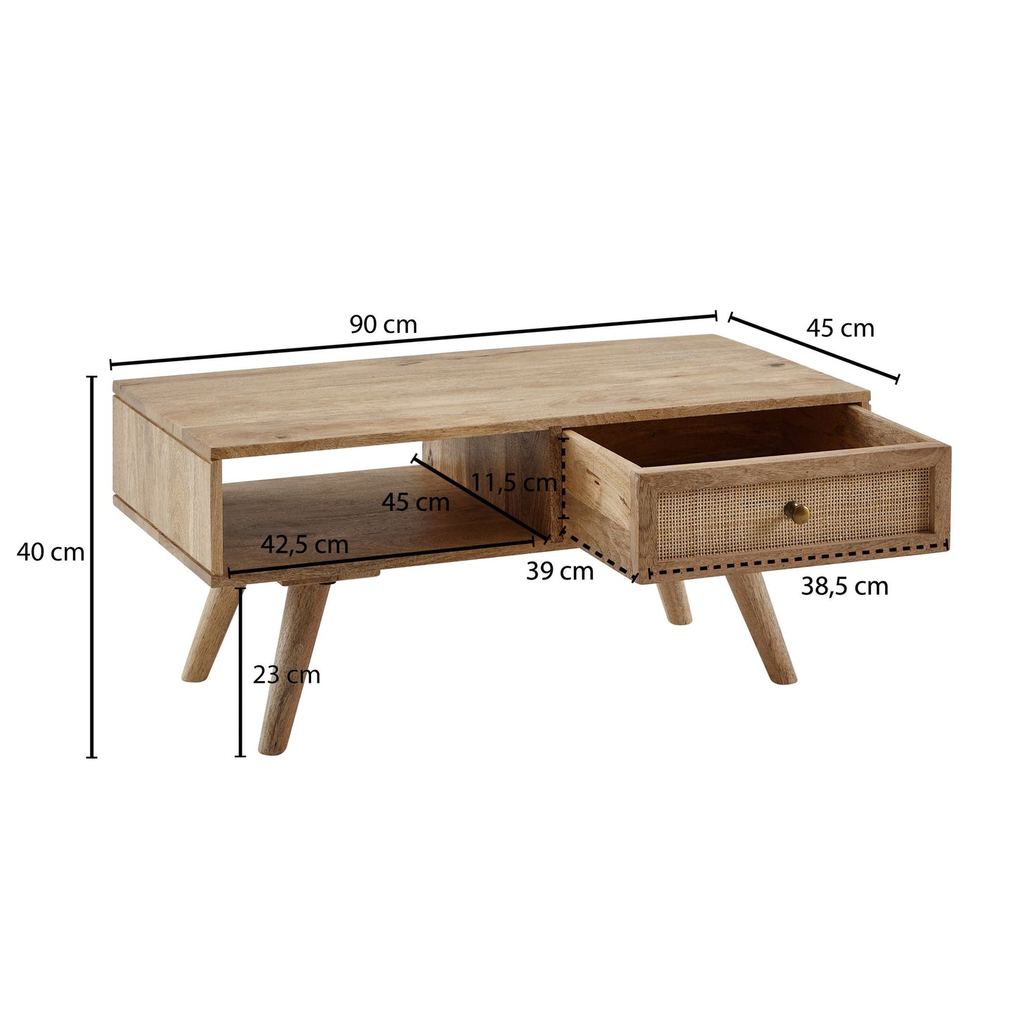 Couchtisch 90 mal 40 mal 45 cm Mango Massivholz Rattan Wohnzimmertisch Rechteckig Holztisch mit Stauraum Sofatisch mit Schublade Tisch Wohnzimmer Massiv Rohrgeflecht