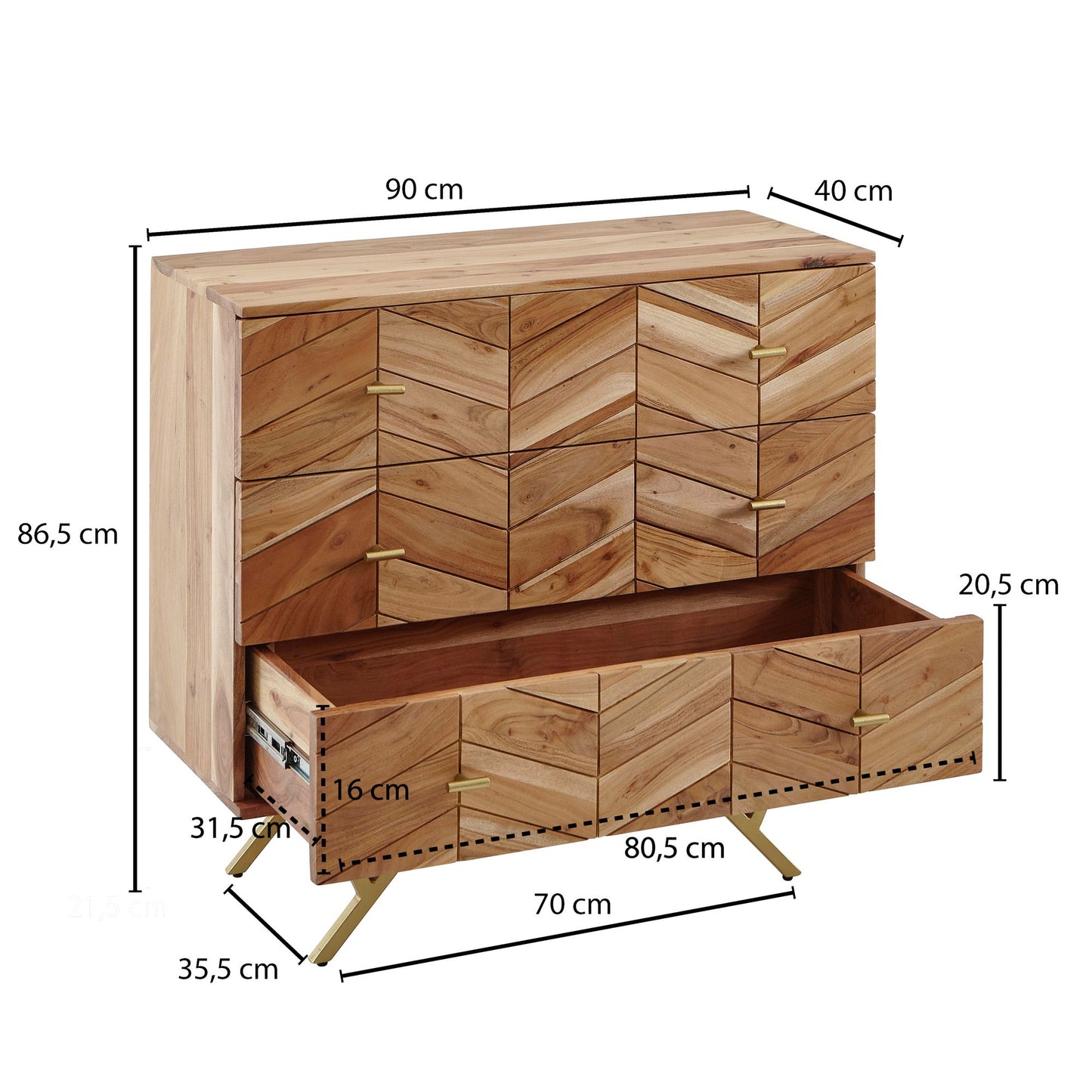 Sideboard 90 mal 86 5 mal 40 cm Akazie Massivholz Metall Anrichte Kommode 3 Schubladen Hoher Kommodenschrank Holz Massiv Standschrank Wohnzimmer