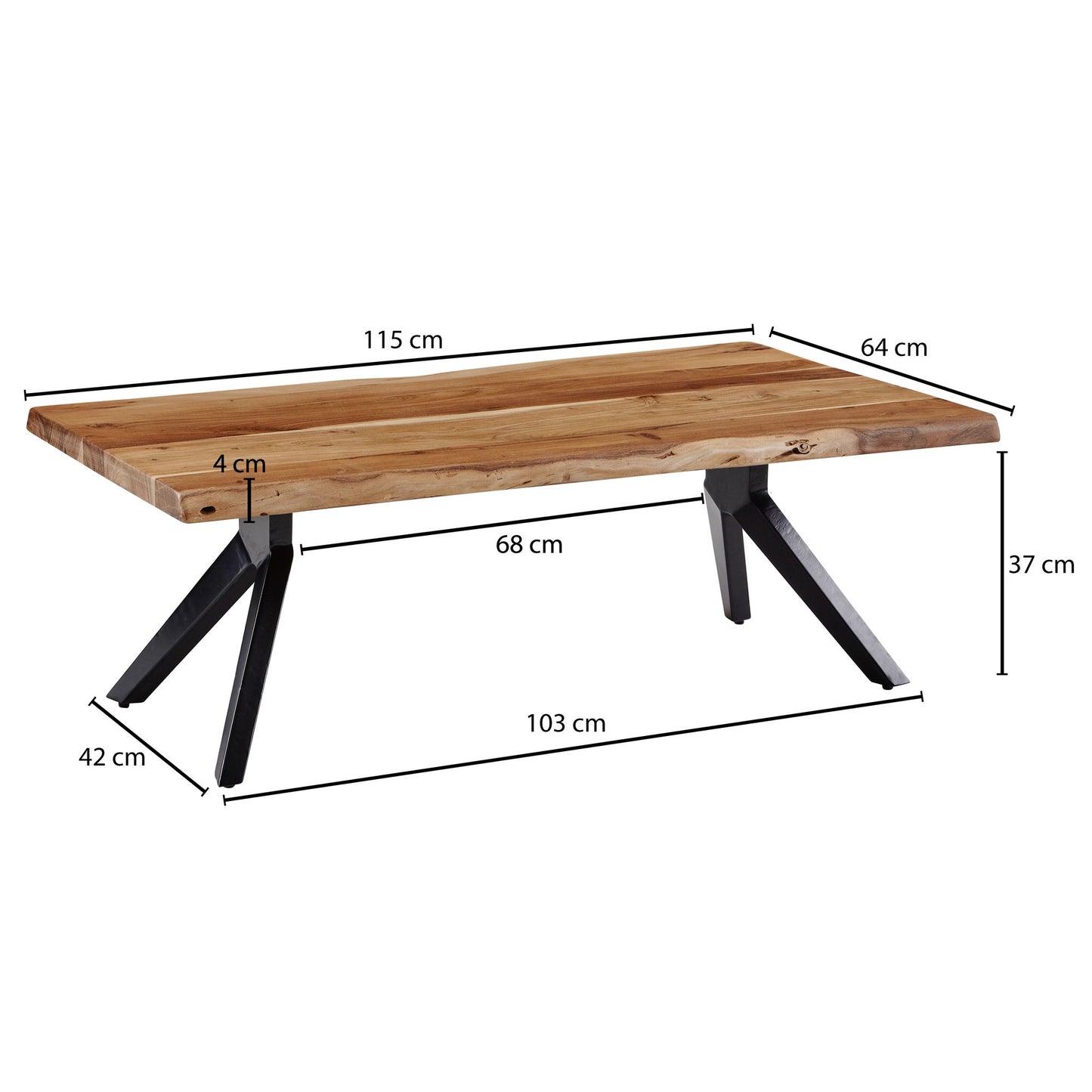 Couchtisch 115 mal 37 mal 64 cm Akazie Massivholz Metall Baumkante Design Sofatisch Eckig Stubentisch Industrial Braun Wohnzimmertisch Holz Rechteckig