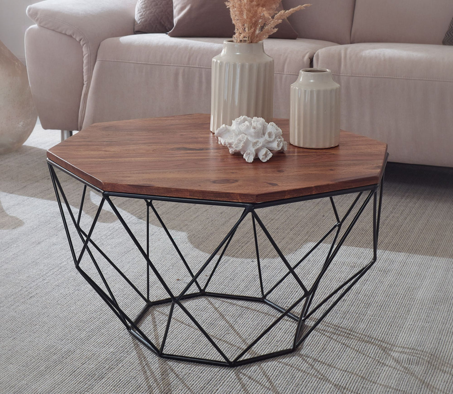 Couchtisch Sheesham Massivholz Metall 66 mal 40 mal 66 cm Wohnzimmertisch Massiv Braun Sofatisch Modern Holztisch Tisch Wohnzimmer Industrial
