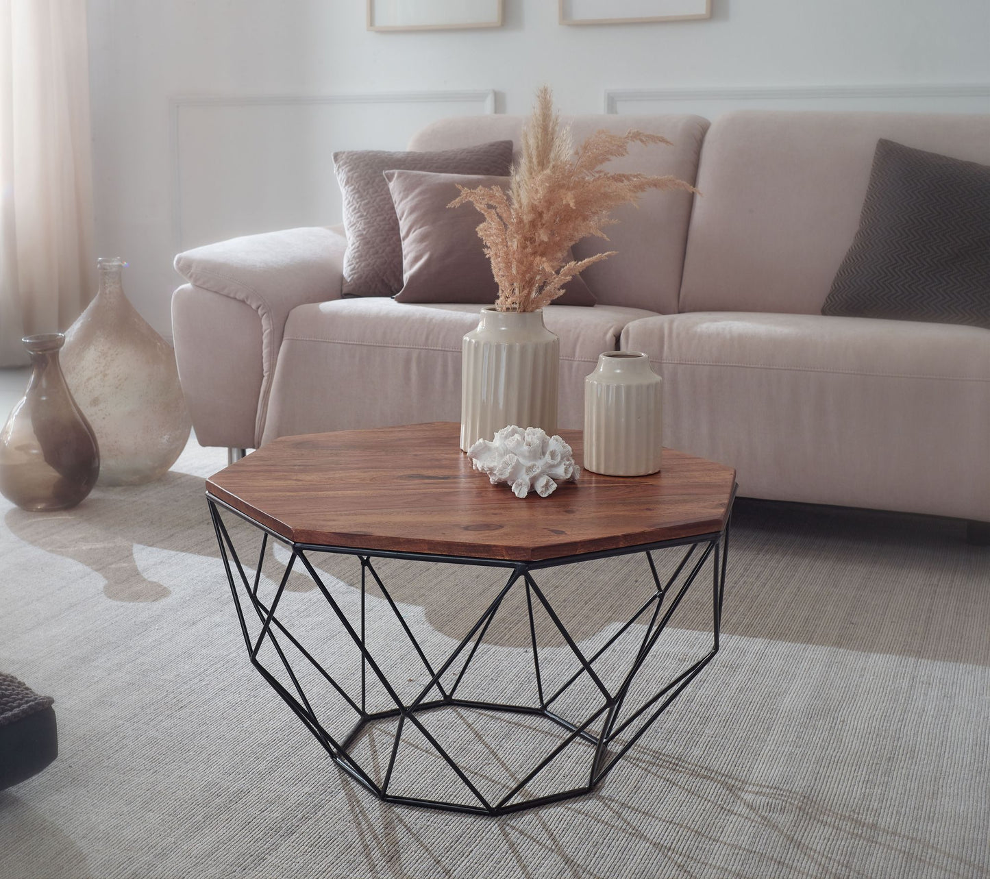 Couchtisch Sheesham Massivholz Metall 66 mal 40 mal 66 cm Wohnzimmertisch Massiv Braun Sofatisch Modern Holztisch Tisch Wohnzimmer Industrial