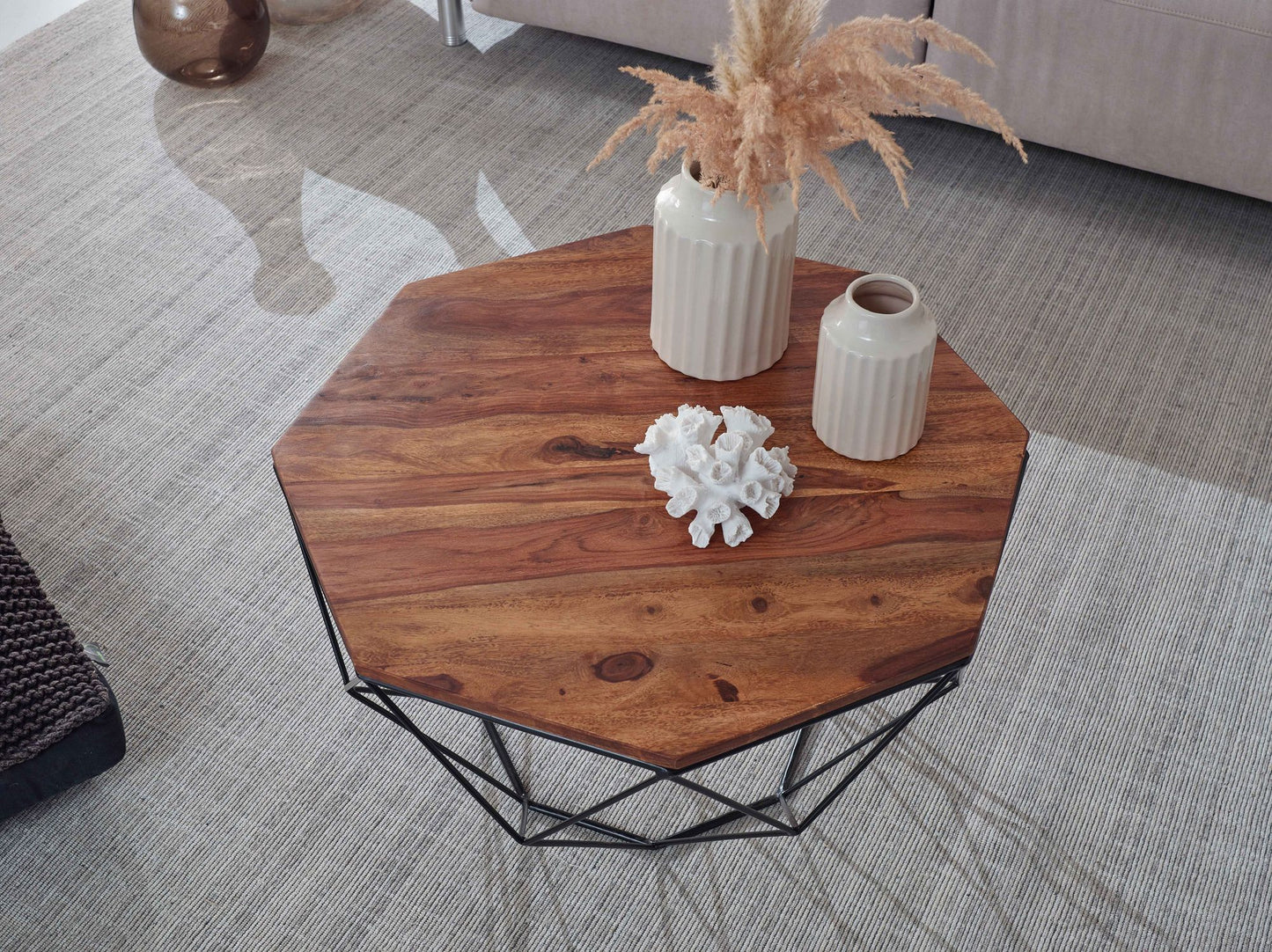 Couchtisch Sheesham Massivholz Metall 66 mal 40 mal 66 cm Wohnzimmertisch Massiv Braun Sofatisch Modern Holztisch Tisch Wohnzimmer Industrial