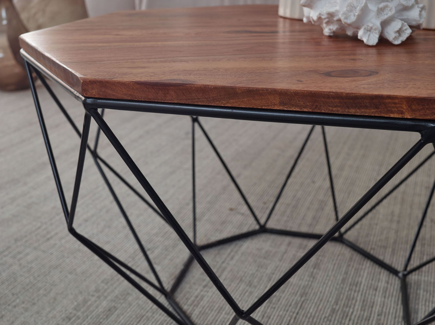 Couchtisch Sheesham Massivholz Metall 66 mal 40 mal 66 cm Wohnzimmertisch Massiv Braun Sofatisch Modern Holztisch Tisch Wohnzimmer Industrial