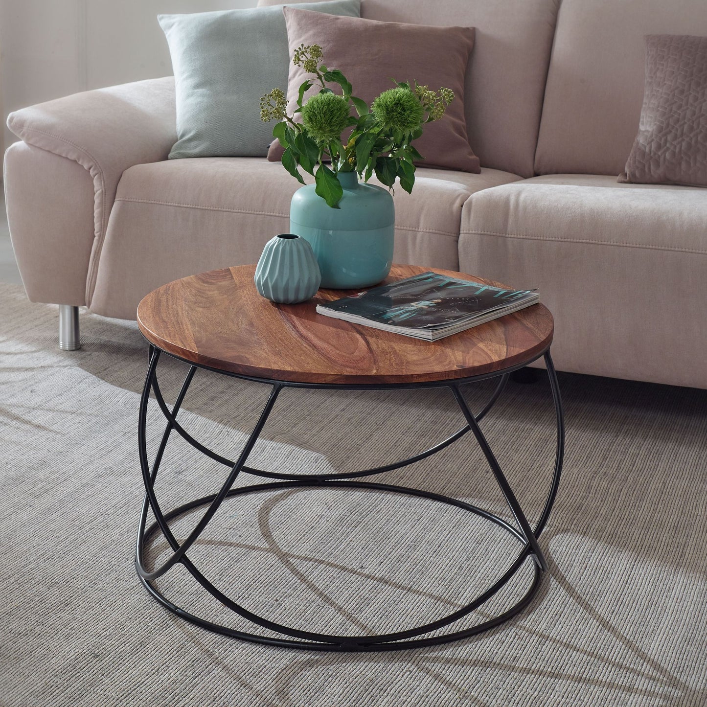 Couchtisch Sheesham Massivholz Metall 60 mal 40 mal 60 cm Wohnzimmertisch Rund Massiv Braun Sofatisch Modern Holztisch Tisch Wohnzimmer Industrial