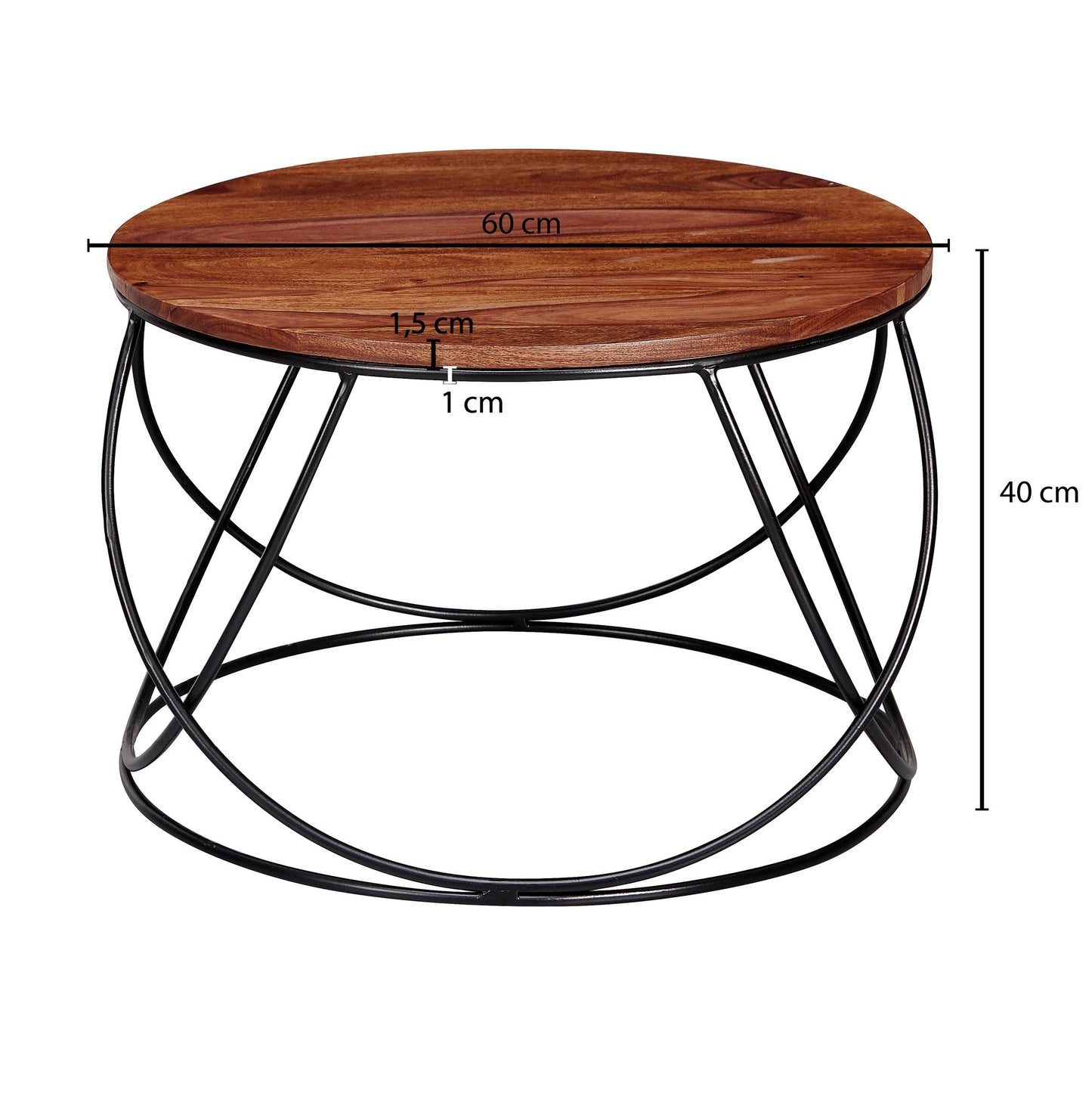 Couchtisch Sheesham Massivholz Metall 60 mal 40 mal 60 cm Wohnzimmertisch Rund Massiv Braun Sofatisch Modern Holztisch Tisch Wohnzimmer Industrial