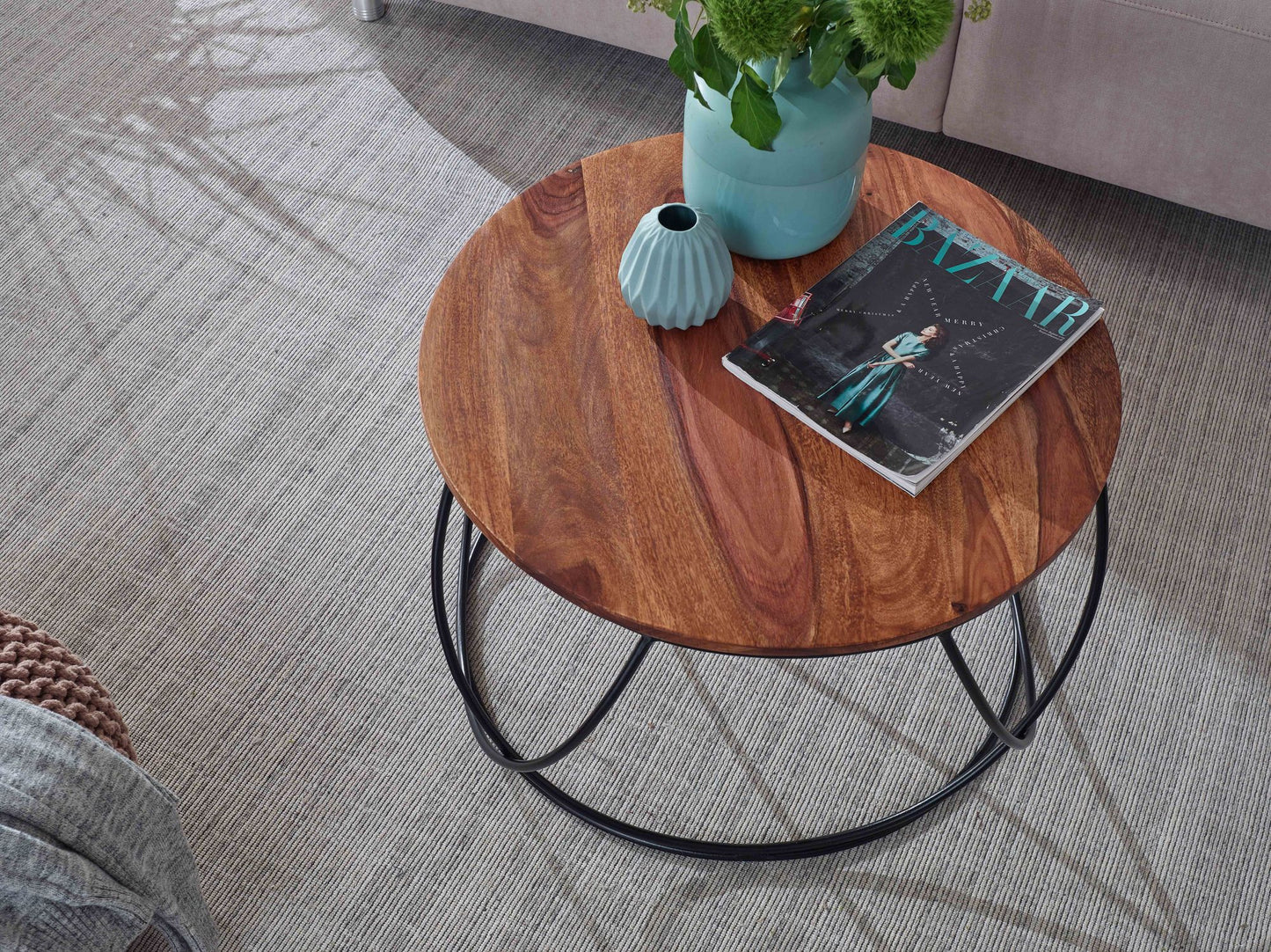 Couchtisch Sheesham Massivholz Metall 60 mal 40 mal 60 cm Wohnzimmertisch Rund Massiv Braun Sofatisch Modern Holztisch Tisch Wohnzimmer Industrial