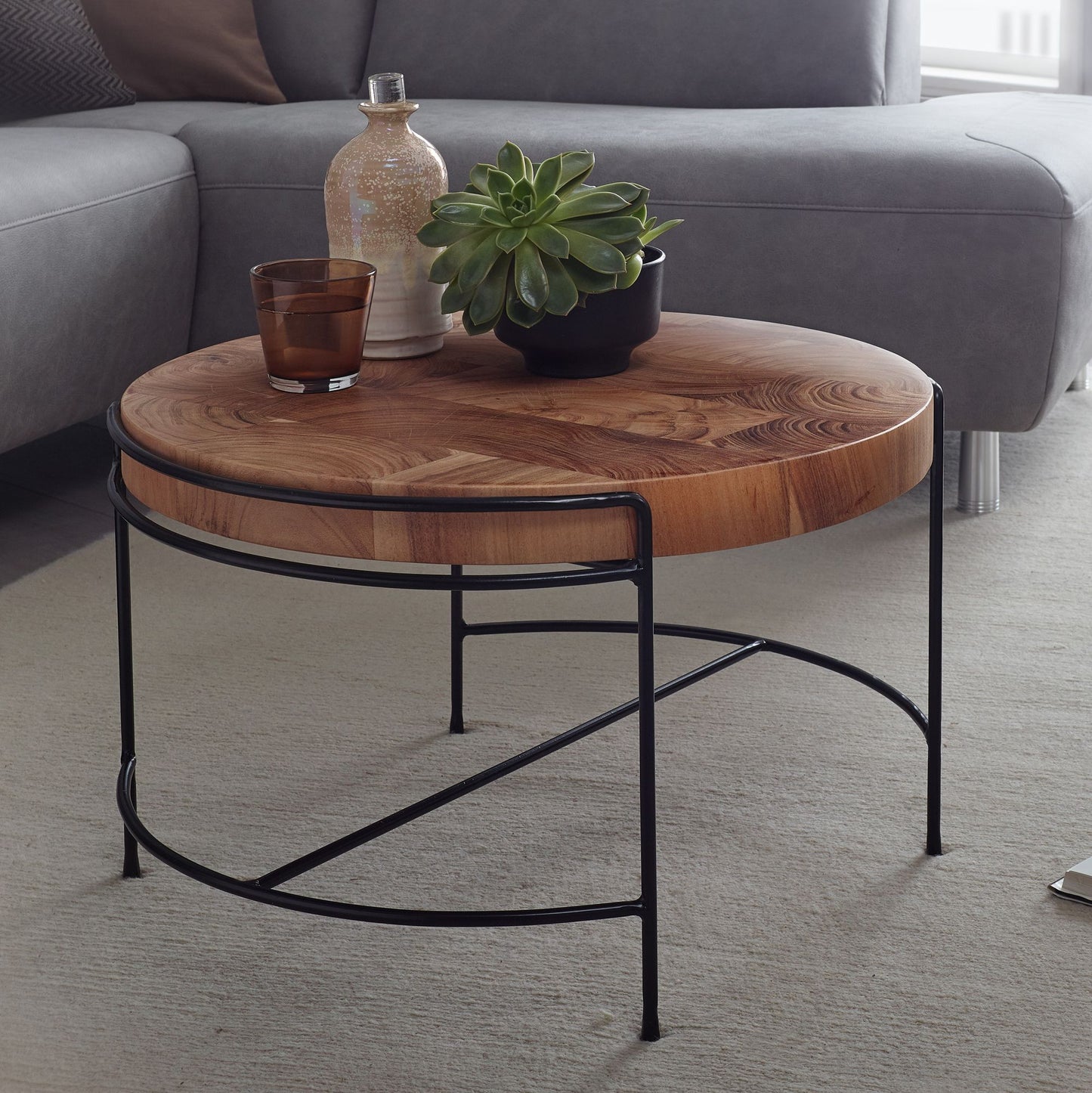 Couchtisch 62 mal 40 mal 62 cm Sofatisch Akazie Massivholz Metall Wohnzimmertisch Rund mit Metallbeinen Kleiner Designer Tisch Massiv Holztisch Wohnzimmer Industrial