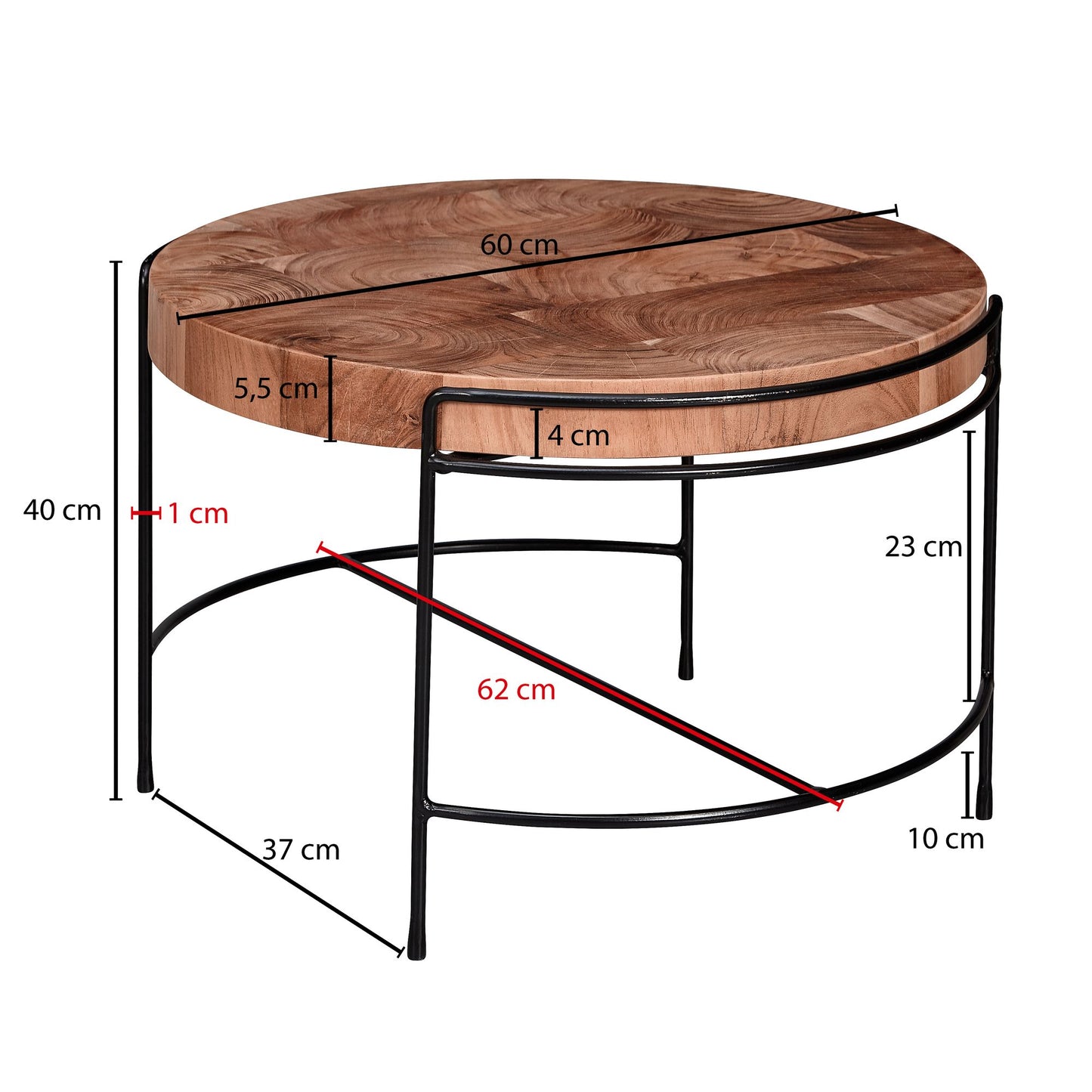 Couchtisch 62 mal 40 mal 62 cm Sofatisch Akazie Massivholz Metall Wohnzimmertisch Rund mit Metallbeinen Kleiner Designer Tisch Massiv Holztisch Wohnzimmer Industrial