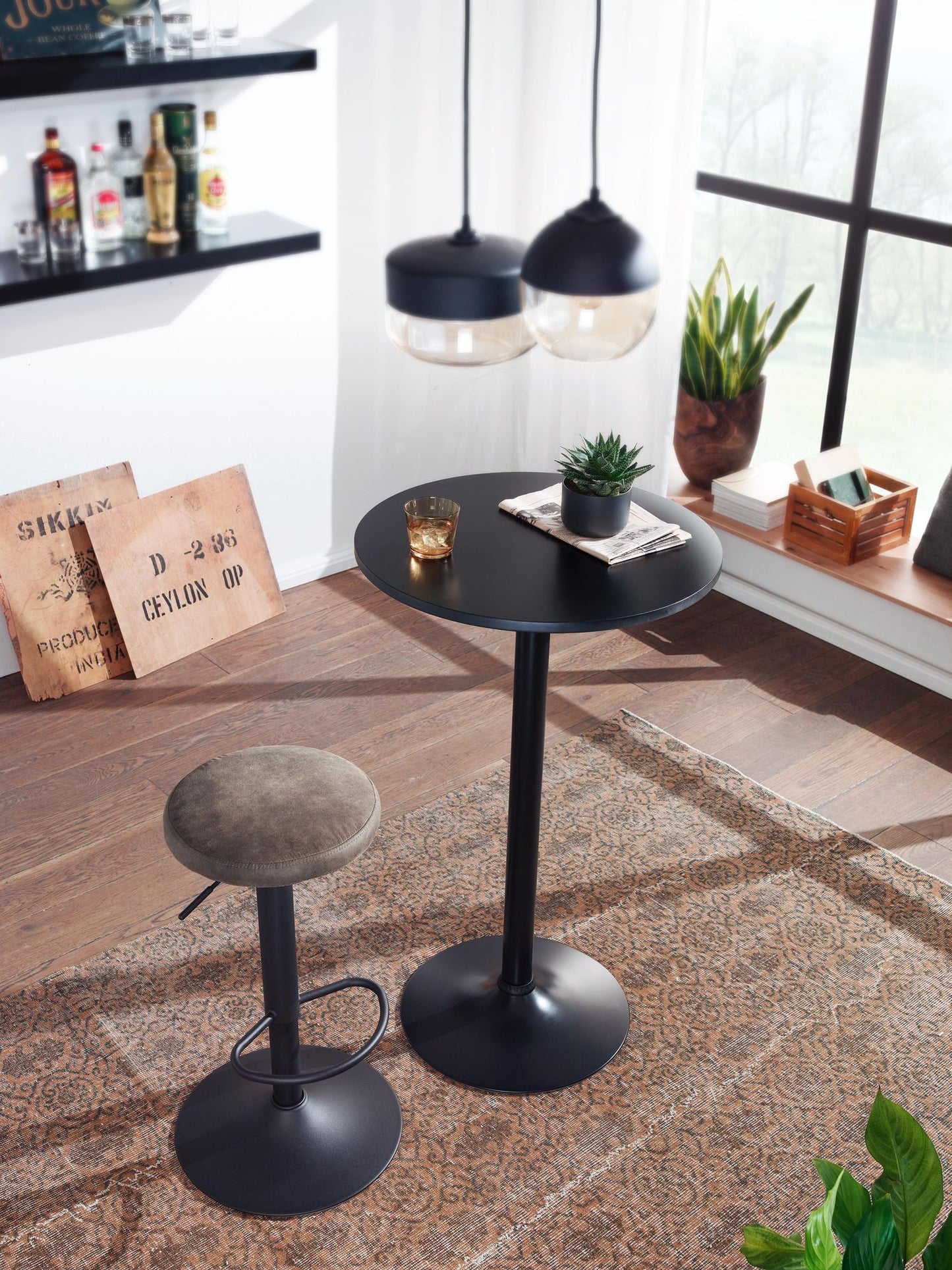 Design Bartisch Schwarz Stehtisch Ø 60 cm Metall Holz Partytisch Bistrotisch 100 cm Hoch Messetisch Modern