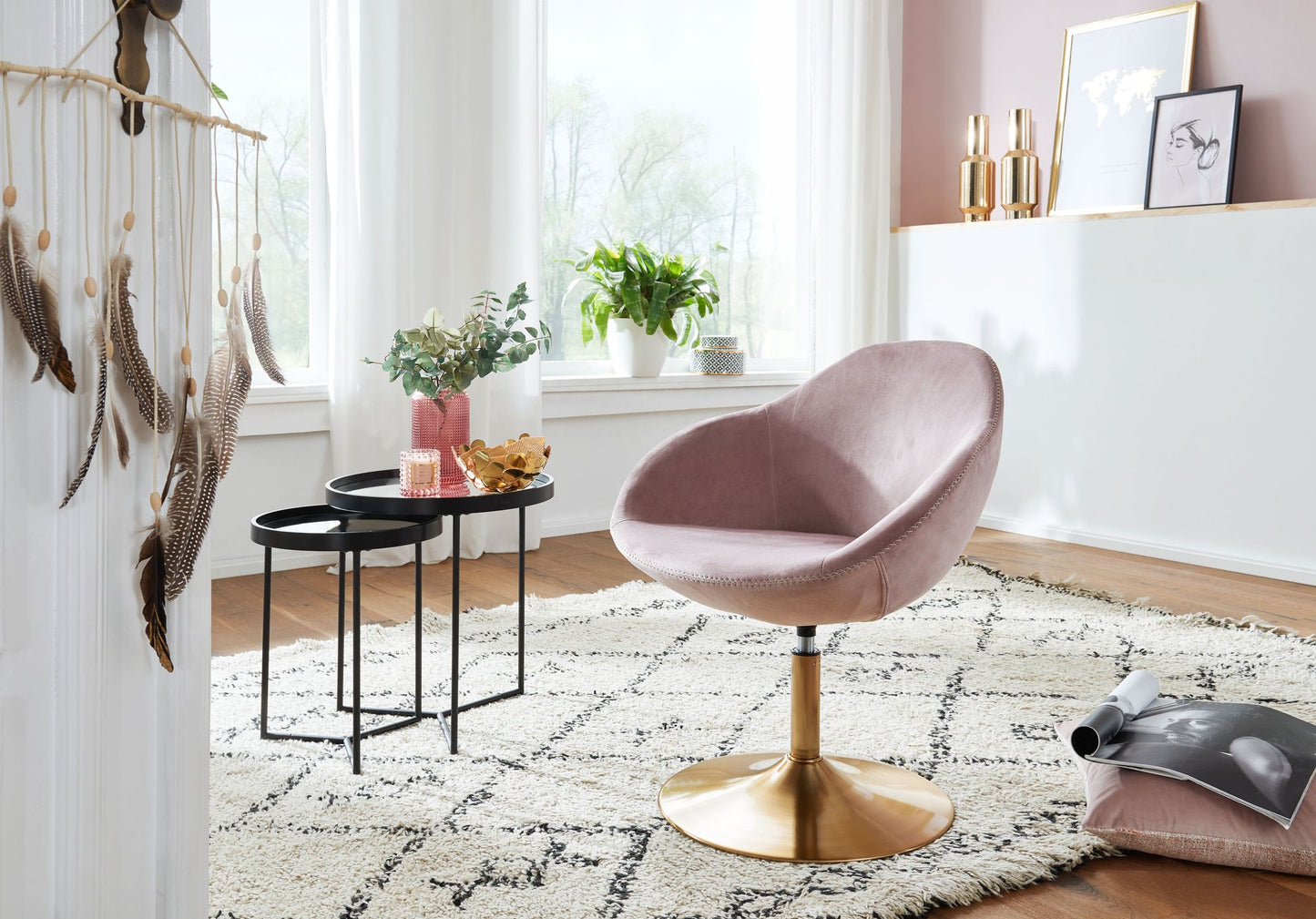 Loungesessel Samt Rosa Gold 70 mal 79 mal 70 cm Design Drehstuhl Clubsessel Polsterstuhl mit Armlehne Drehsessel Cocktailsessel Lounge Barsessel Besucherstuhl Sessel mit Stoffbezug