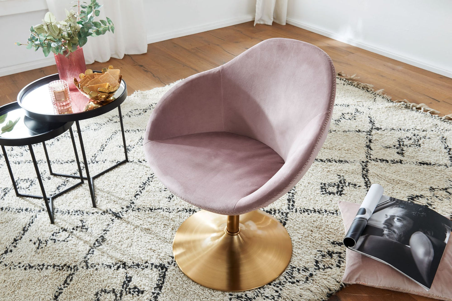 Loungesessel Samt Rosa Gold 70 mal 79 mal 70 cm Design Drehstuhl Clubsessel Polsterstuhl mit Armlehne Drehsessel Cocktailsessel Lounge Barsessel Besucherstuhl Sessel mit Stoffbezug