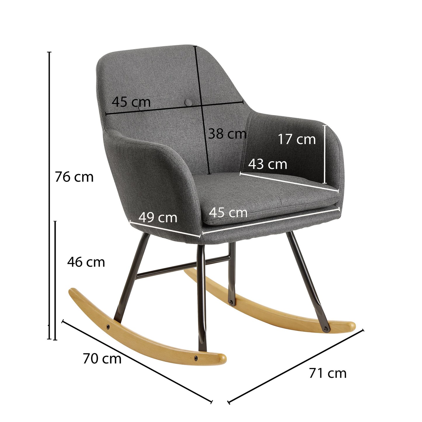 Schaukelstuhl Dunkelgrau 71 mal 76 mal 70cm Design Rela mal sessel Malmo Stoff Holz Schwingsessel mit Gestell Polster Rela mal stuhl Schaukelsessel Moderner Schwingstuhl Sessel